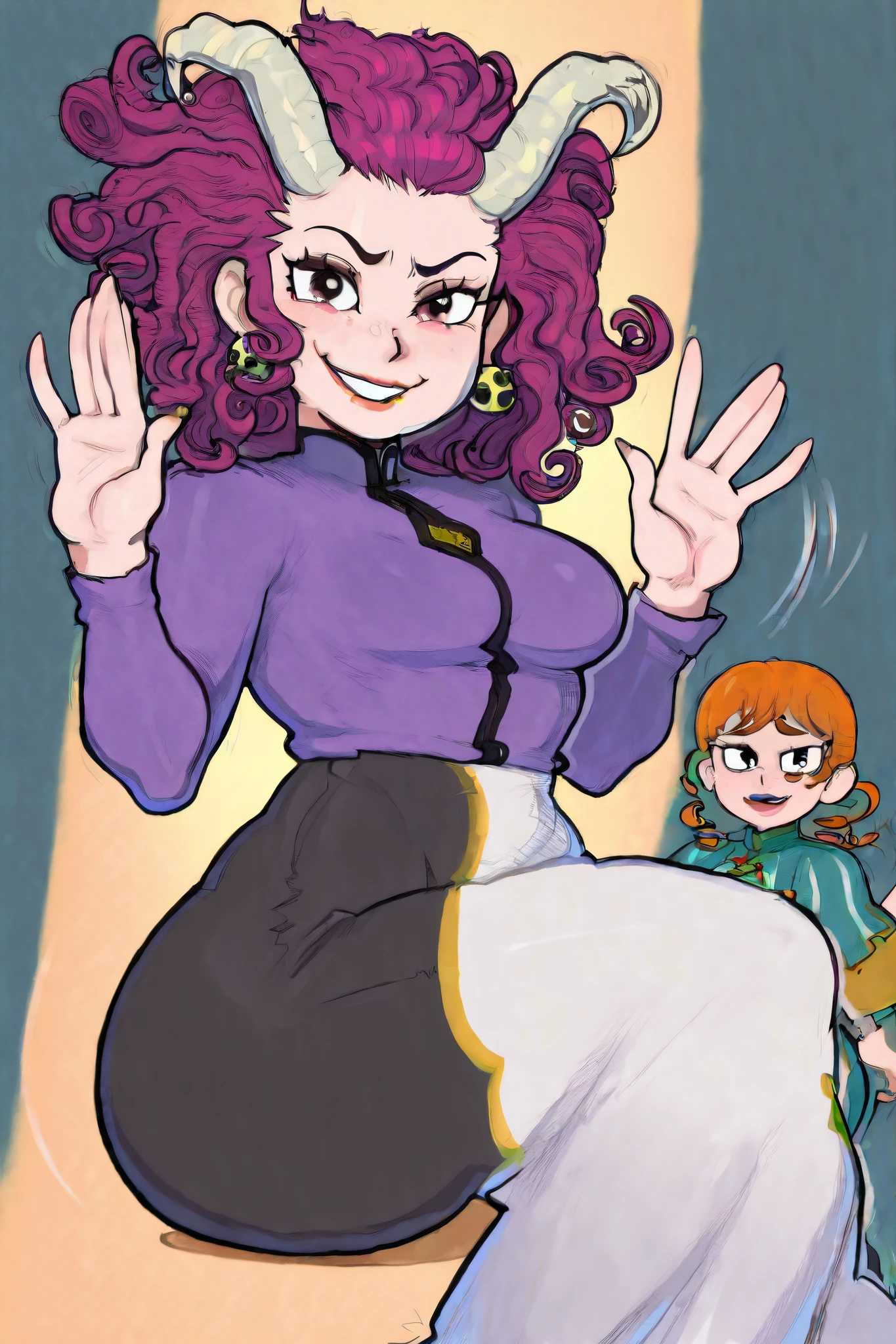 Two demonic girls with long waving hair and curved horns on their heads. Both are dressed in tight-fitting corsets.
The left girl looks playful and slightly conniving, with a sly smile and a forward leaning pose. Her hair curls around her, creating a dynamic. The right girl looks more serious and confident, with a piercing gaze and a stern posture.