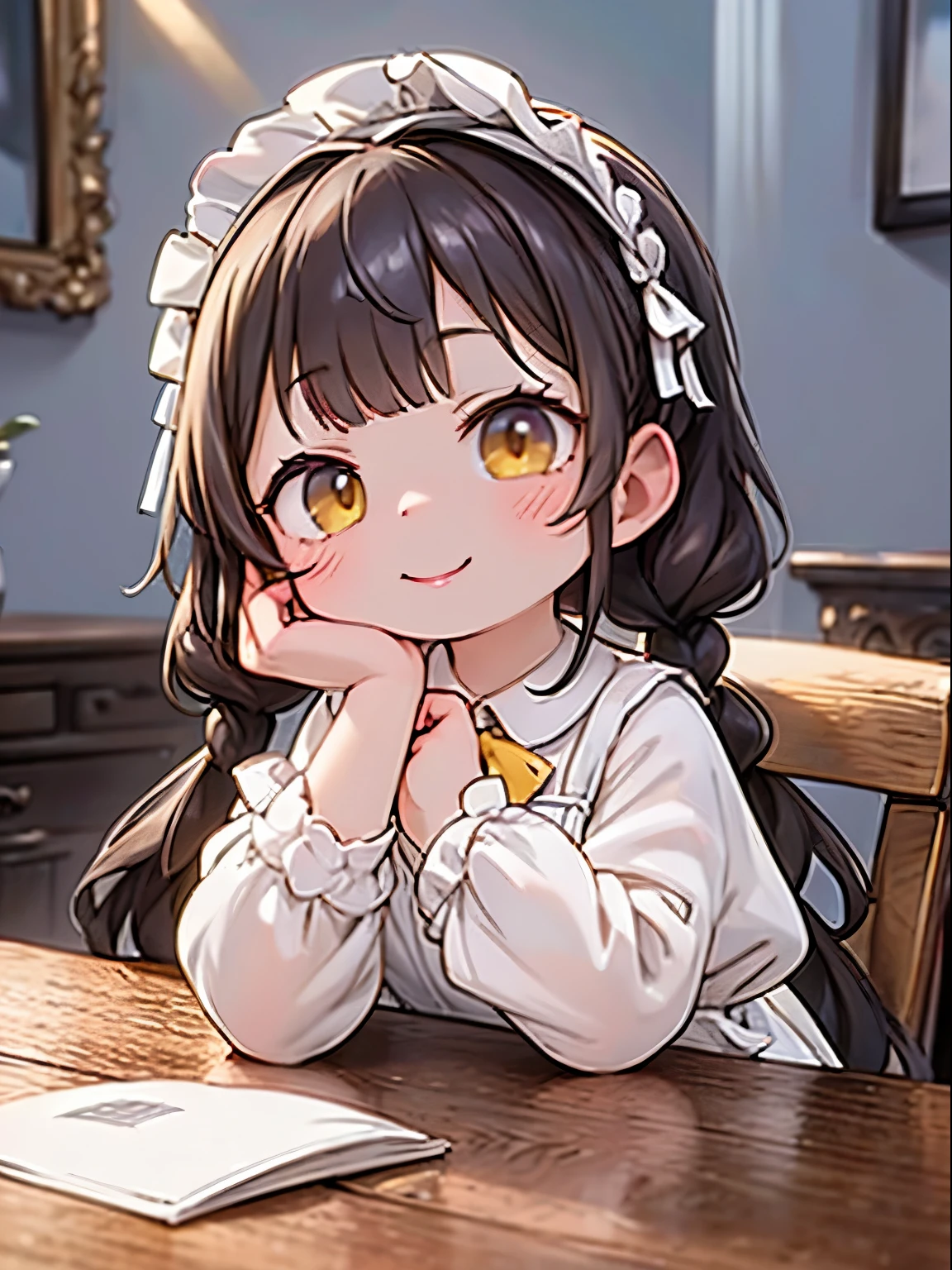 one girl with dark hair with braids、Girl with full bang hair、 yellow eyes、yellow gothic ruffle dress、 White Headdress、Cheek resting on hands、smiles、sitting at a stylish coffee table seat、Parfait on the table