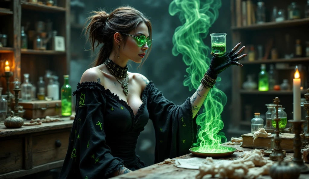 +score_9, score_8_up, score_7_up, score_6_up, a woman dressed as a witch holding a green liquid Erlenmeyer flask, with a magical creature inside, viscous and fluorescent, computer graphics by Anne Stokes, cgsociety, fantasy art, enchanting, fantasy, wiccan, makeup, lipstick, girl is looking at viewer, bright and vivid defined colors