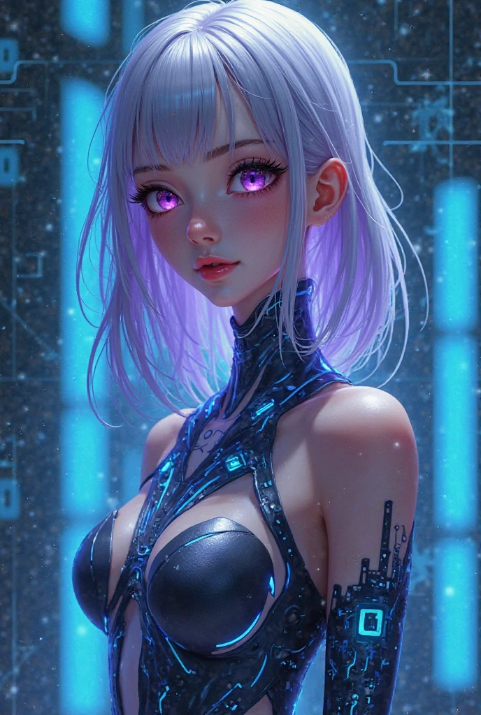 ((best quality)), ((Masterpiece)), (details), 1 woman, small breasts, light purple hair, blue eyes, ((short hair)), Bangs , beautiful face, Beautiful skin, Long eyelashes, Thick eyelashes, cyberpunk, futuristic, cyberpunk bodysuit, neon light, Shading effect, Gradient magic effects, Fog filter effect, Glitter effect,Delicate and lively, artistic photography,Charming presence,elegant posture,