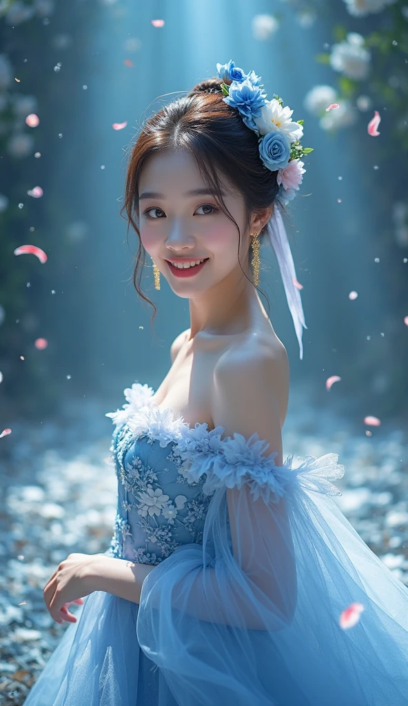 1 woman, 20 years old (Sexy, detailed and beautiful face:1.2), normal breasts, wavy hair, updo, forehead, ice hair bow, beautiful eyes, ((ice wedding dress)), (shining colorful fluorescent dress effect:1.5), evil smile, Gorgeous gems and jewels, necklace, earring, bracelet, holding flowers, frozen dark cave, (upper thigh shot:1.2), (masterpiece, top quality, best quality, official art, beautiful and aesthetic:1.2), uhd, mackerel, xxmixgirl,