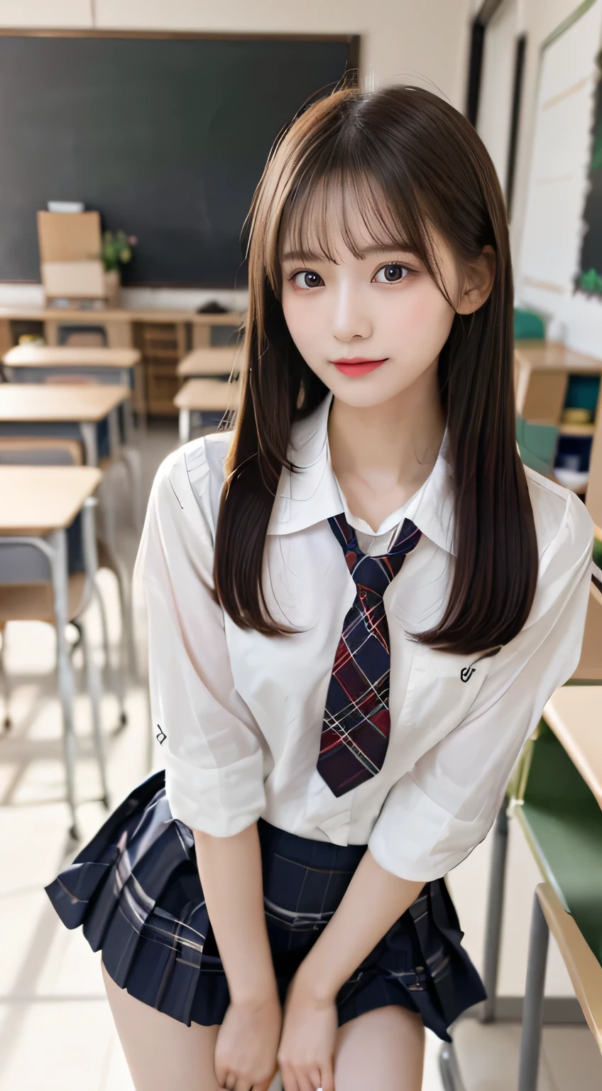 (beautiful girl、cute face、medium hair、staring at the viewer:1.3)、top quality,8K image、 perfect double eyelids、happy、natural color makeup、Moist lips、white skin、(straight hair, Strongly Blurred White Background 、classroom、high school uniform、plaid skirt、is standing:1.3),( thin legs:1.5)
