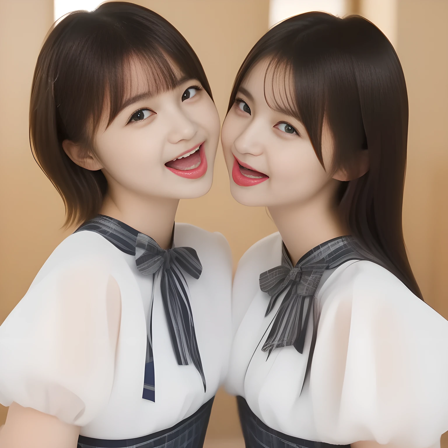 (masterpiece, best quality:1.2), High resolution, 1080P, 8K, 1girl, solo, ((Too beautiful two rich (young beauty & noble & gorgeous fashion magazine models))) are facing center. All the girls are noble, neat, intelligent and beautiful slender, maximum laughter of happiness, neat seducing uniform and skirt: 1.8), (Incredibly well organized pure white face, Glossy lips, Very long ((black beautiful hair)) like a hair model, Pure and clear wet eyes, (((Noble and neat and noble))) Japanese school uniform, (huge red glossy red ribbon bow-tie), girly & fluttering ((frilled gorgeous expensive white school blouse)), (puffed sleeves), (white cutest well-pleated noble (blue checkered dark-blue skirt)): 1.9) ,(beautiful legs, white socks and school loafers), (Using expensive face-whitening cosmetics to make her skin more beautiful and pure by professional makeup artist: 1.0), (The 3 neat beautiful girls know well about the viewer's super fetishism for school uniforms, and satisfies it completely with skirt: 1.0), (well detailed face and seducing eyes: 1.8), (Girls are fluttering and kissing each together with widely open mouth: 2), (close shot)