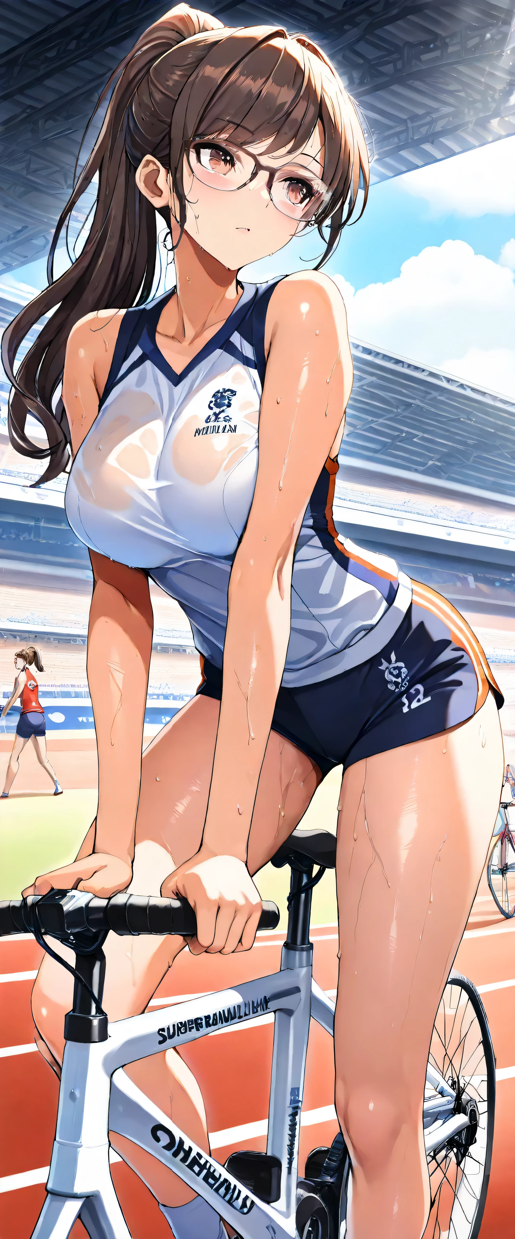 (((masterpiece)))、((highest quality))、(super detailed)、(CG illustration)、(Very beautiful woman))、 cinematic light 、((1 Female))、 、(Beautiful and luxurious:1.2)、(1 woman:1.3)Sports Stadium,,((Sleeveless track and field athletes ),is sweaty and wet,Beautiful ponytail, Right Ratio between People and Bicycles ,,Rokka,()glasses