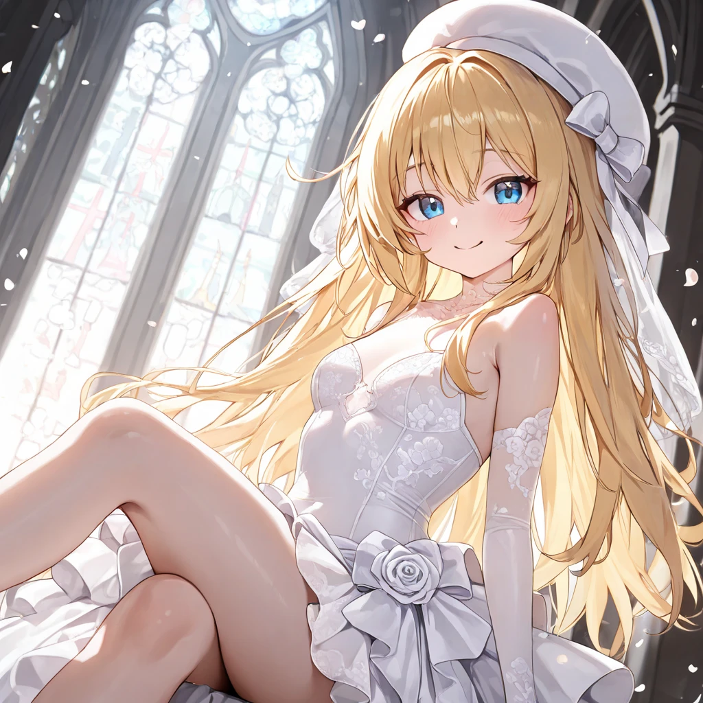 hight resolution, top-quality, ultra-quality, The ultra-detailliert, lighting like a movie、white church、Wedding Bikini、Small white panties、A smile、a blond、Colossal tits、large exposed breasts、