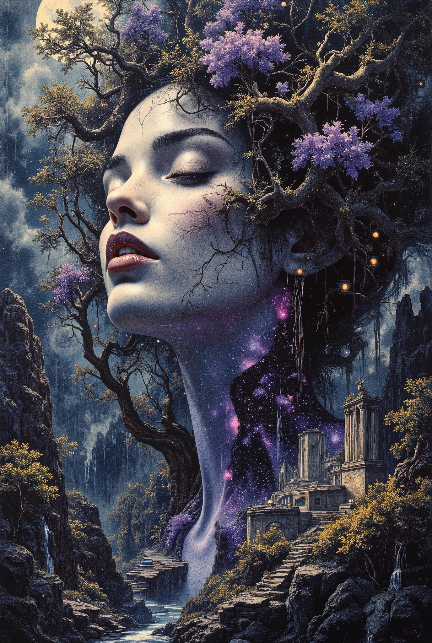 A dense portrait of a woman whose forms are an extension of an unknown planet, her skin resembles weathered stone and bluish haze in texture, with deep luminous cracks along her collarbones and neck, emitting a soft lilac light. Streaks of molten cyber-electric plasma glow faintly beneath the surface. Her eyes, the color of an on-screen monitor, twinkle with cosmic pixels, deep cable channels of bright neon colors are laid along her cheekbones and chin, they sparkle and are softly illuminated. Tiny glowing bioluminescent fungi accumulate at the base of her throat. Her hair consists of intertwined alien plants, tangled roots and blooming fantastic flowers intertwined with fallen leaves and delicate petals. As they fall down, they transform into a dense, sprawling forest covering her shoulders, where miniature galaxies nestle among the branches on the treetops. Small lanterns are hung between the trees, casting a soft golden glow. Her shoulders and collarbones form a hilly area through which small waterfalls descend, creating a mist that gently dissipates in the air. Transparent rivers cut through the terrain, their surface reflecting the cold moonlight. Tiny stone bridges span winding streams. On the slopes of her shoulders rest ancient stone ruins, partially covered with ivy. The background is slightly blurred