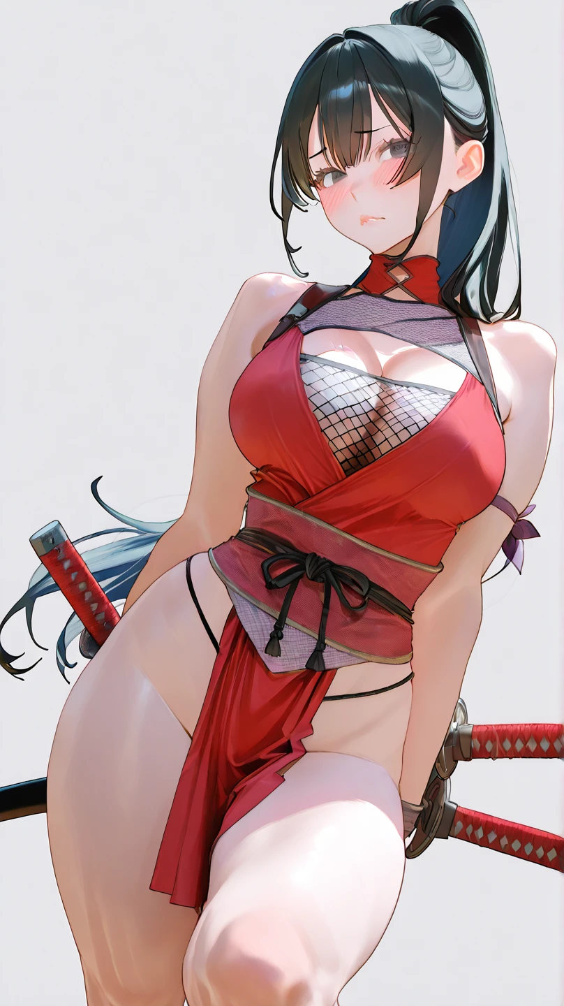 masterpiece, best quality, beautiful art, high resolution, well formed hands, body and fingers, 1 woman, solo, Ganyu, adult, grown up , big breasted, cleavage, full body, wearing a Iroha Samurai Shodown outfit, maid, goat horns hair ornament, black stockings, pelvic curtain, sexy Japanese clothes, gorgeous legs and thighs, ryona , in peril, she is being beaten up by her opponent, she is slapped in the face and being slammed against the floor, receiving the impact of her opponent's attacks, closed eyes, screaming in pain and agony, ryona and perilous scene, bouncing breasts, weak and helpless, martial arts tournament on the beach