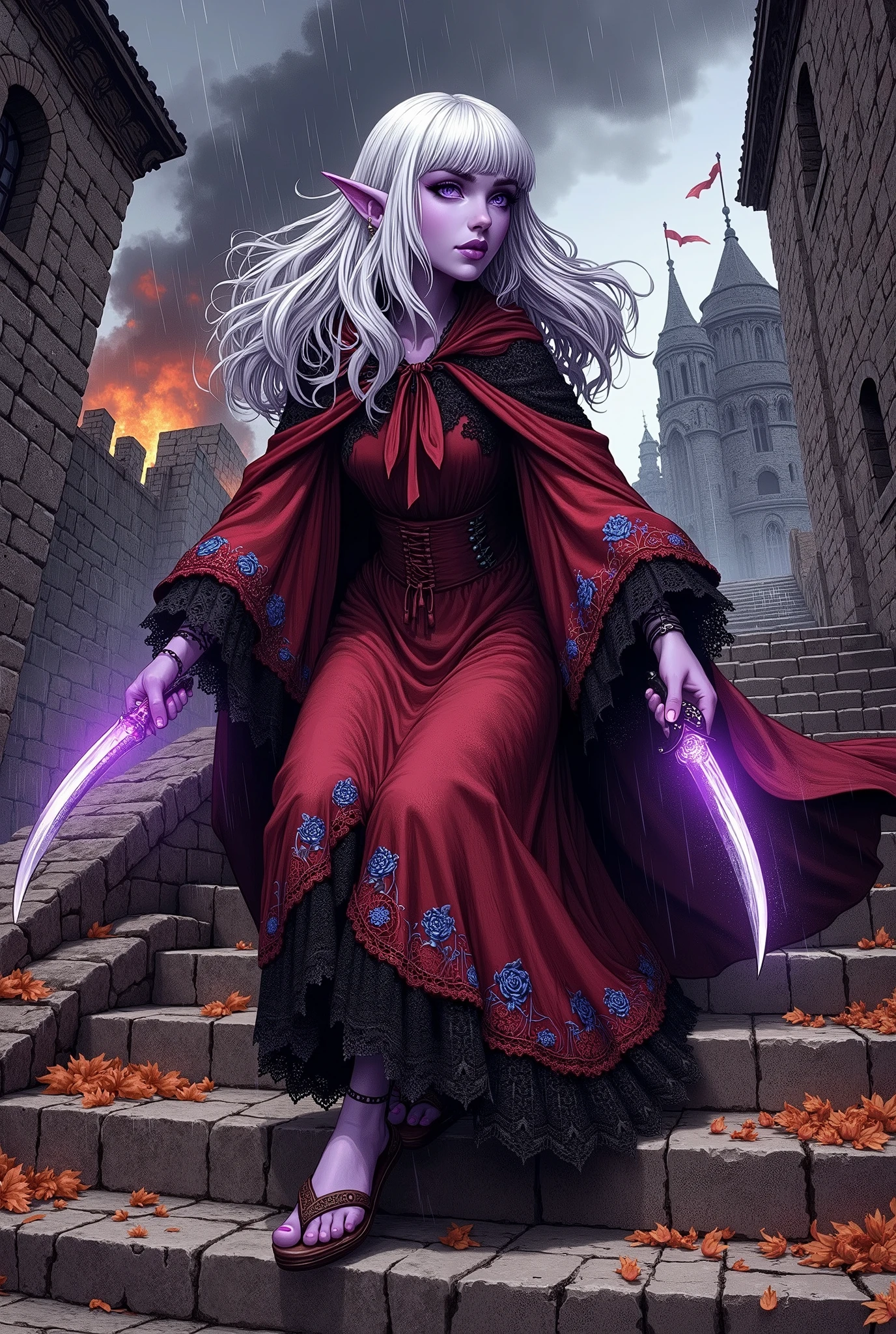 (Ultra-detailed face, Looking away, Gothic Illustration, Dark tone colors. She has five fingers on her hands and five toes on her feet.), BREAK
(The composition looks up from the bottom of the stairs, a battle in a medieval European fortified city, the castle is ablaze and black smoke and fire sparks are being carried away by a strong wind. A heavy rain of orange needles and countless fire arrows are raining down on the woman in long trails.), BREAK
(The dark elf Magical Trickster leans low and forward, just short of the crumbling stone steps, and with daring poses and large body movements, dances down the steps. Her hands are outstretched, and she holds a slender curved knife with a purple aura in each hand.), BREAK
(She has white hair, white eyebrows, blunt bangs, long wavy hair down to her feet, small pink lips, lavender eyes, dark purple skin, and thick eyeliner. Her hair flutters in the hot wind blowing up from below.), (She wears a crimson ribbon tie and a crimson cape dress with black lace ruffles and embroidered blue roses. She wears crimson laced sandals.)