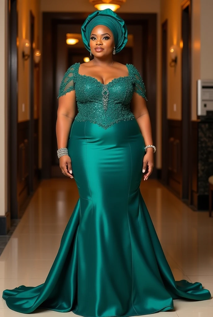 fait moi l'image d'une femme ronde noire de 21 ans portant magnifique robe de soirée longue manches verte 4xl verte la robe est courte avec des brillant sir les manches ... avec des passion twist long sur la tête (longeur 32) ... dans une salle de fête propose des accessoire sur elle