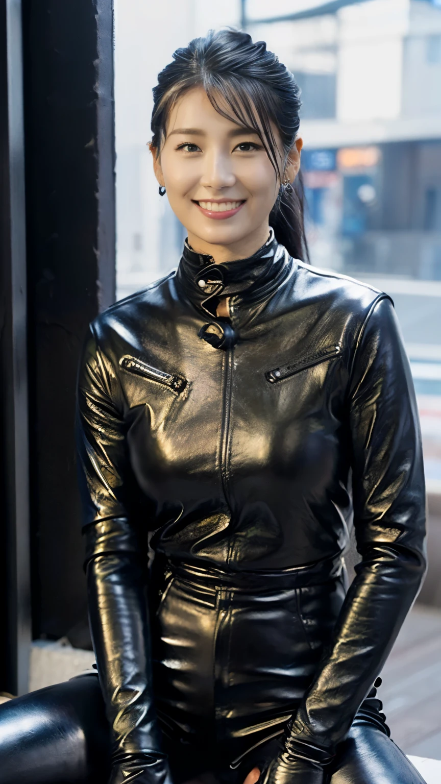 最high quality, 8k, Vibrant, Sharp focus, high quality, High resolution, Middle-aged women, Mature Woman, 55 years old, (Whole Body Ezbian), (High heels face detail, Highly detailed eyes, Plump figure、Plump face、((big 1.6))、(((Large Breasts)))、((Black leather clothing))、Busy Street、Random Hairstyles、A kind smile、(Leather Fashion、leather jacket、Leather skirt、boots、)、