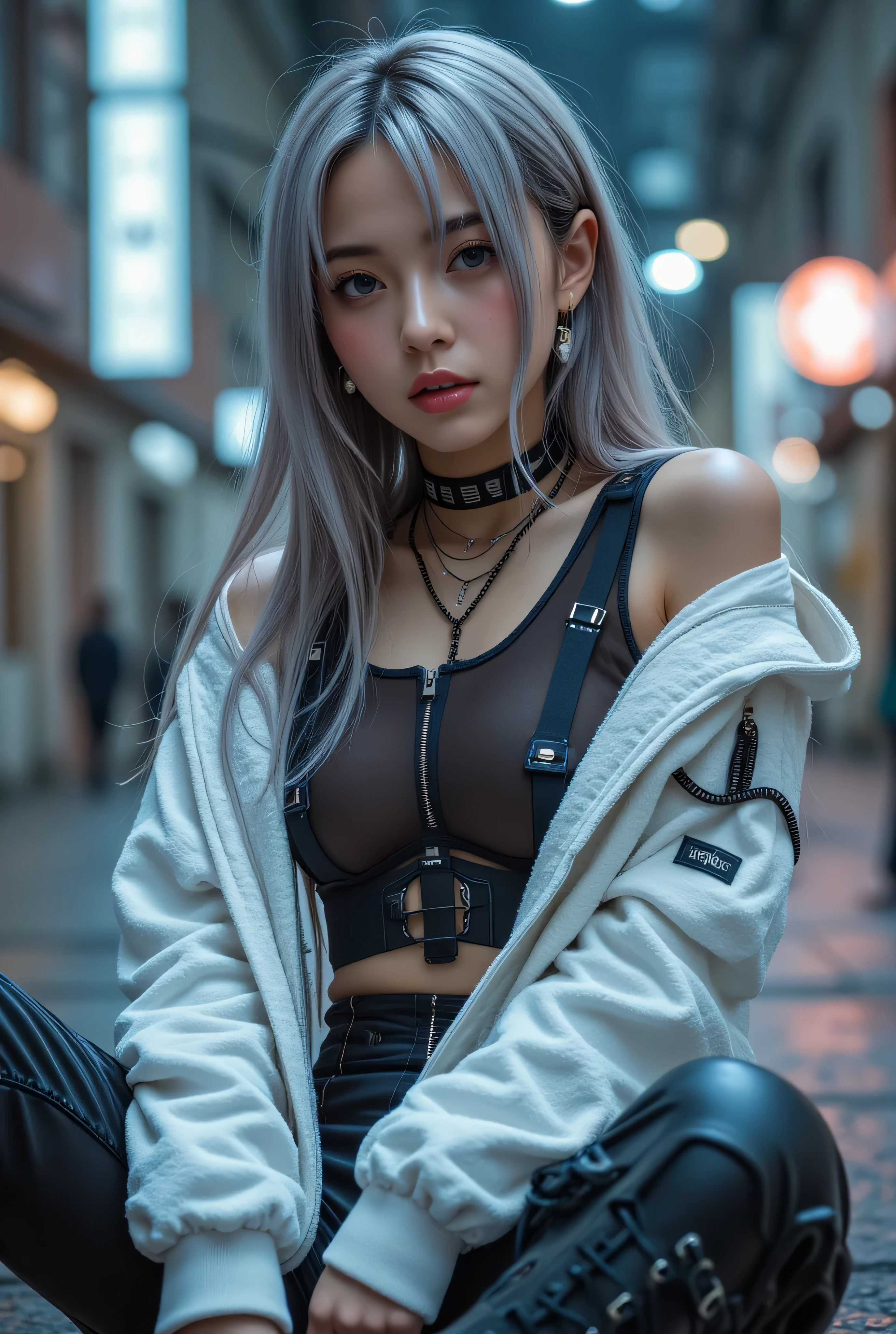 (nsfw:1.2), masterpiece, top quality, super realistic, Create an image of a beautiful young Japanese woman who embodies futuristic fashion art. 18 years or older, The scene is、 top qualityでリアリズム , sitting, bottom , She has a super thin waist, Medium firm breasts, Medium sized butt, Beautiful Sexy Legs , It displays sculptural beauty. her skin is white and silky, small head. White luminous streetwear with harness accents / Finish off a striking streetwear ensemble infused with intensely luminous white accents, Contrasted with black and white tones / Start with a sleek black bodysuit featuring contemporary cut-outs and mesh panels, Edgy Vibe / Layer a roughly knitted hoodie woven from ultra-luminous material over the bodysuit, Thick white neon threads that give off a glow, An almost blinding glow , Enhances a futuristic and dynamic aesthetic / Pair the hoodie with high-waisted black cargo pants、With luminous white contrast stitching and zipper detail, Exudes a practical and chic appeal / A striking luminous white color worn over a jacket Accessorize with a harness, Amplifies its luminous impact、Creates a bold impression, An avant-garde look / Finish with chunky black combat boots adorned with luminous white laces, Adds an element of ruggedness and street credibility / Carry a slim black crossbody bag with luminous white piping and hardware accents, Brings the look together with a unified look,
hyper small head and face, Wide duck mouth, Mouth half open , Perfectly aligned teeth , Perfectly Beautiful Wide Teeth , pale blue eyes , Place Her Eyes Half Open , Shining drooping eyes, gray hair, Look for others, and excites 、コンクリートからThe fog is drifting、Steam comes out 。, In the deep night, The fog is drifting、 steam rises from concrete