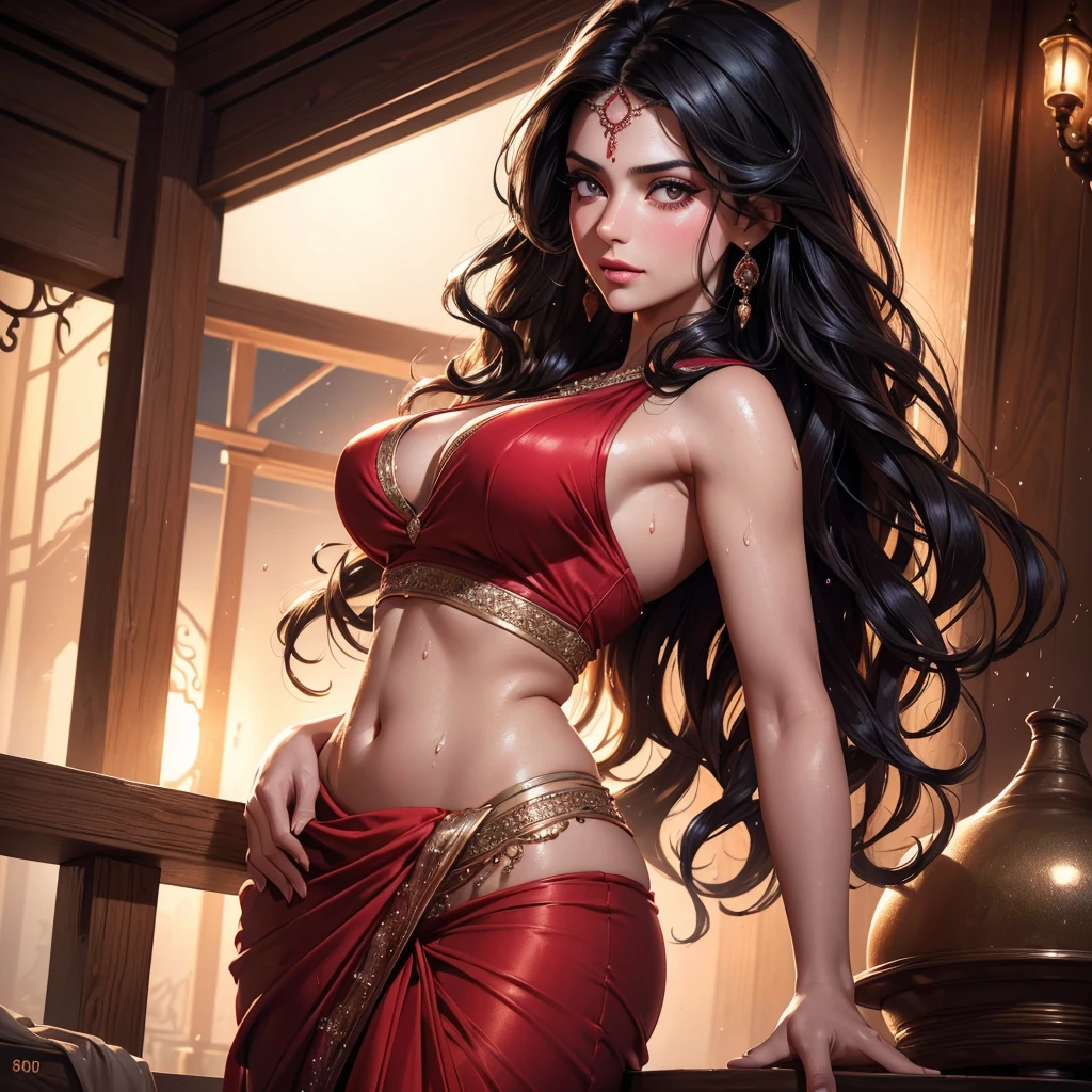 Longhair hot indian girl （8k, RAW photos, minino：1.1） ，female，（looki at viewer company），cowboy lens，Japanese，hange / (attack on titan\），（fullbody saree：1.1），La Brett Piercing，cleavage，((( saree)))，seductive smile，Be red on the face, full body photo, standing, lean, muscular legs, muscular belly, blouse, long hair, black hair, eyes, bun hair, medium breasts, glasses, Professional lighting、photon mapping、physics-based rendering、dark theme，wearing wifs, jewellery and necklace, alone, extreme high quality, legs covering saree