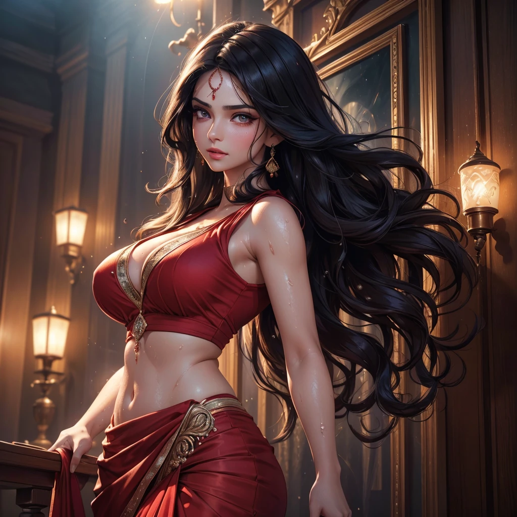 1 beautiful hot and sexy persian princess, fitted rich red sharara , long wavy black hair, pale white skin, entire body covered in glistening sweat, more sweat drops visible on his entire body, sweat dripping from armpits, large breasts visible, nipples visible, hand on waist, detailed facial features, (best quality,4k,8k,highres,masterpiece:1.2),ultra-detailed,(realistic,photorealistic,photo-realistic:1.37),HDR,UHD,studio lighting,ultra-fine painting,sharp focus,physically-based rendering,extreme detail description,professional,vivid colors,bokeh,portrait