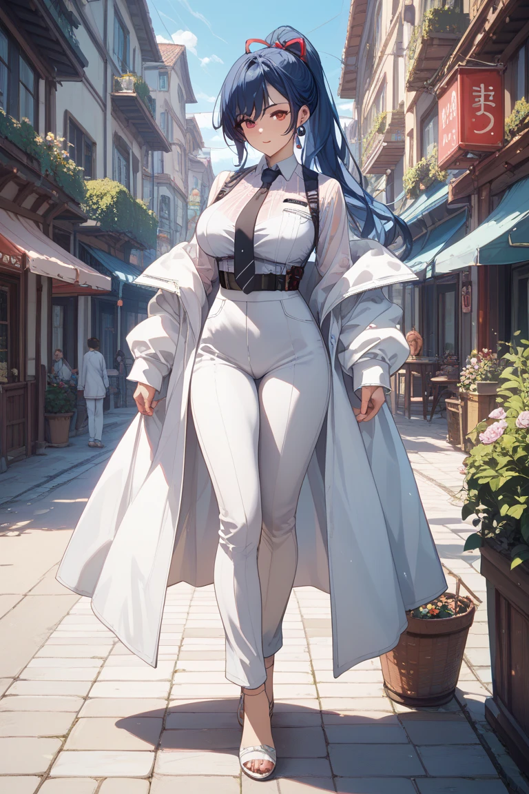 solo, female, sfw, medium short, large body, small head, extremely tall, tall:1.3, long hair, half-up bun, tied hair, dark blue hair, dark blue eyes, , black and white uniform, muscular:0.9, large breasts, street, day, smile