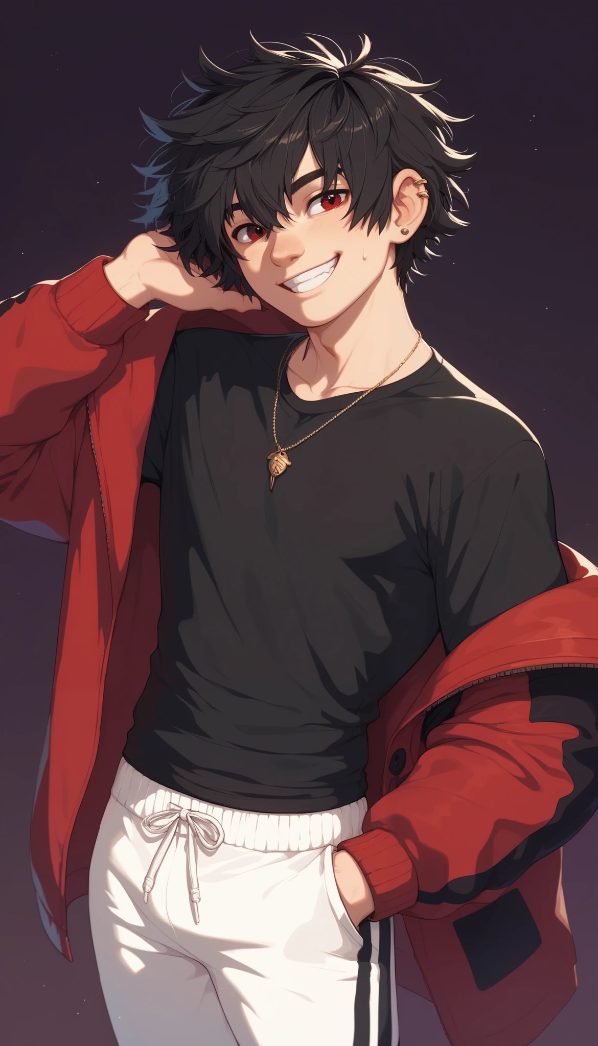 A Man (22 year old appearance) with messy medium-length black hair, disheveled fringe on the face above the eyes , fair skin and pinkish-red eyes, wearing black clothes , a black shirt , white sweatpants and black sneakers, has red piercings with ruby in one ear. He has a penetrating look , hunter's eyes , toothless smile, mischievous smile . He has his hand in his pockets. flat dark purple background. (messy hair)