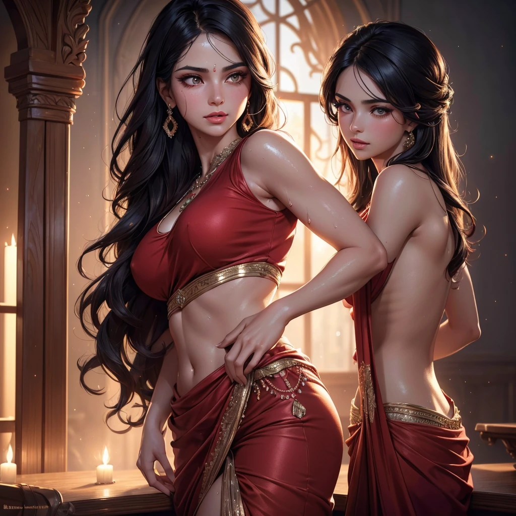 Single beautiful Persian princess, wearing a fitted wet red sharara, long wavy black hair, visible sweat dripping from armpits, fully body covered in glistening sweat, big breasts, white skin, backside visible with detailed facial features, beautiful eyes and lips, fully body visible, extremely detailed face, long eyelashes, portrait, (best quality,4k,8k,highres,masterpiece:1.2),ultra-detailed,(realistic,photorealistic,photo-realistic:1.37),dramatic lighting, warm color tones, vibrant colors