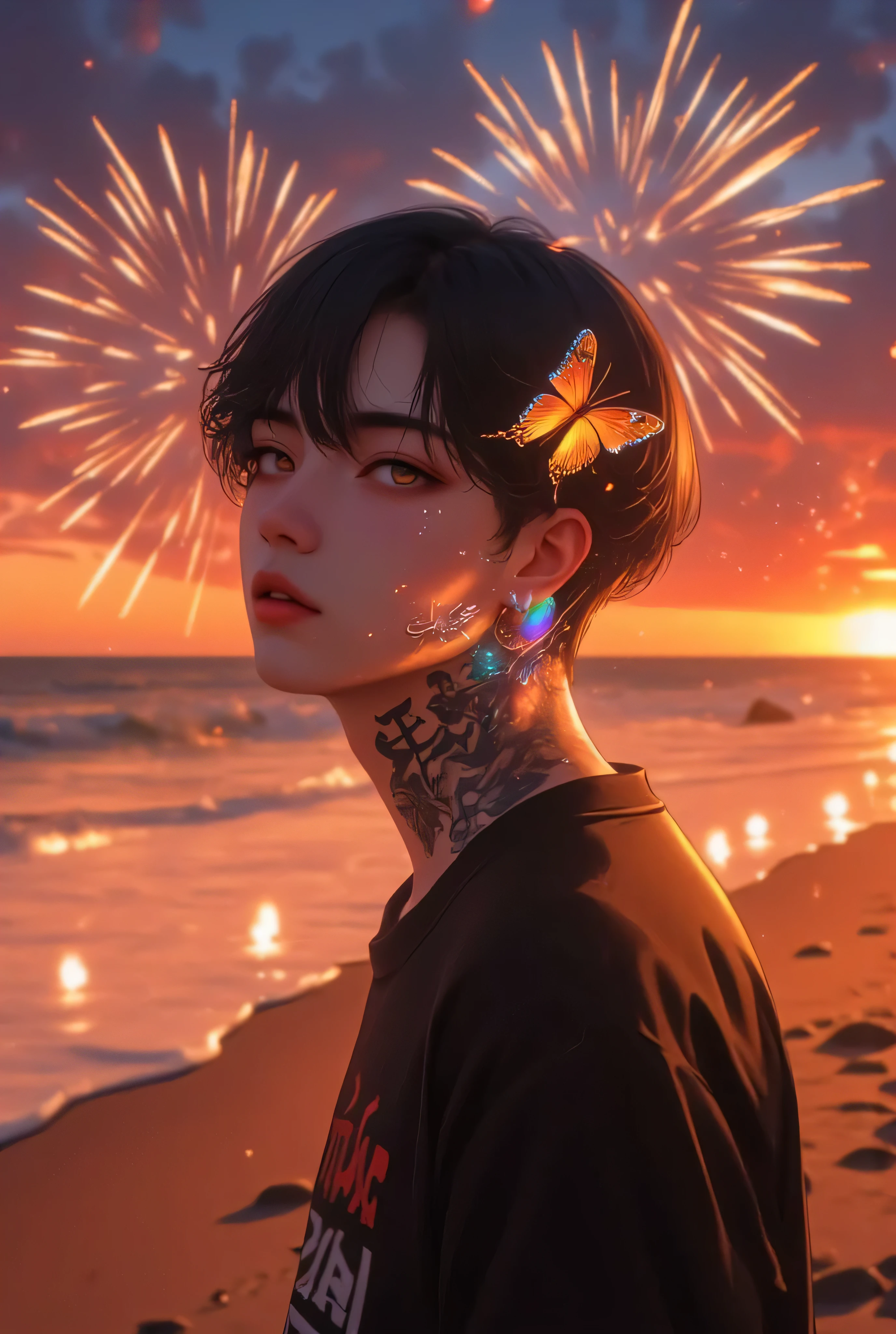 Handsome man、HOME” TATTO、Background with lots of fireworks going up in the sunset on a sandy beach、shineing tattoos, Shine, anime style, movie portrait photography, Male 1 person, (hair is black), gray eyes, (natural skin texture vivid details , Surreal, (Realistic detailed eyes, natural skin texture, realistic facial details), soft and dramatic lighting of butterflies on the side of the neck, description boundary depth, bokeh, vivid details , Surreal, 35mm movie, [Faint and faint, movie, ear piercings, hoop earrings, with a rainbow aura ,beautiful eyes, pose,bungs