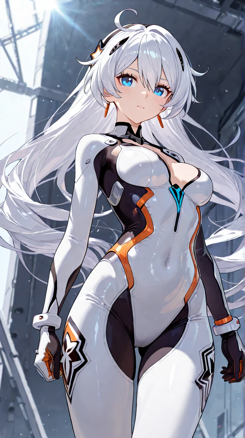 Slender beautiful girl、(White and blue futuristic space station background):1.2、Tight-fitting bodysuits of the near future、hight resolution、top-quality、The ultra-detailliert、Fine details、Does not blush cheeks、knee high、Undersized breasts、shorth hair、head phone