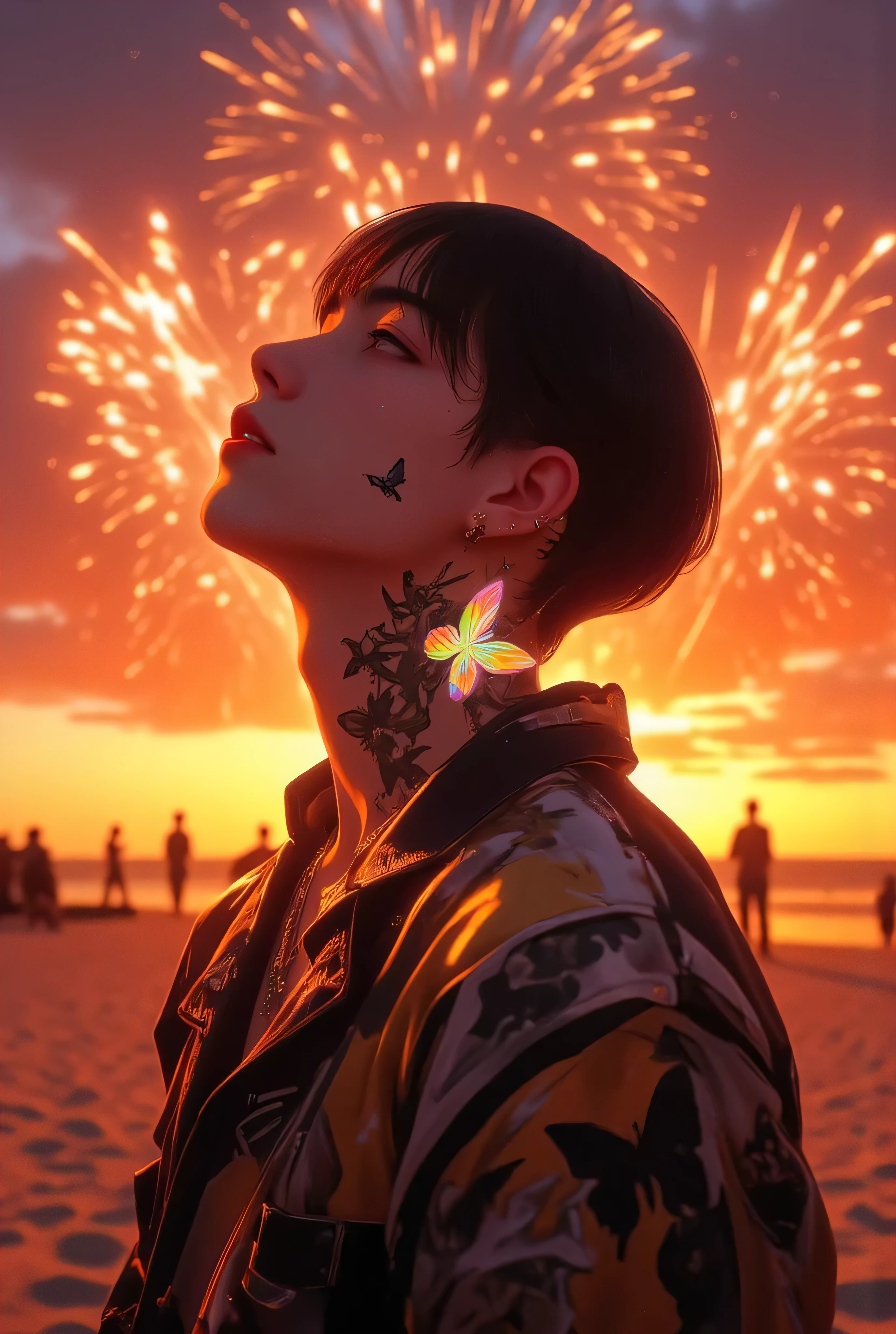 Handsome man、HOME” TATTO、Background with lots of fireworks going up in the sunset on a sandy beach、shineing tattoos, Shine, anime style, movie portrait photography,  Male 1 person,  (hair is black),  gray eyes,  (natural skin texture  vivid details , Surreal, (Realistic detailed eyes, natural skin texture, realistic facial details), soft and dramatic lighting of butterflies on the side of the neck, description boundary depth, bokeh,  vivid details , Surreal, 35mm movie, [Faint and faint, movie, ear piercings, hoop earrings, with a rainbow aura ,beautiful eyes, pose,bungs 