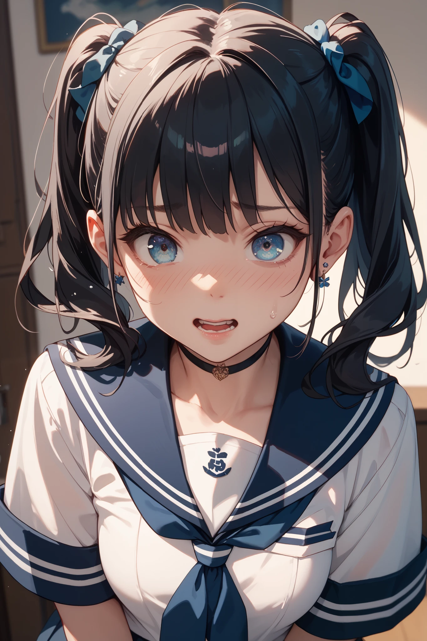 masterpiece, high resolution, illustration, Makoto Shinkai style, your name is movie style, (1 woman: 1.3), (solo: 1.4), long eyelashes, nose_blush, ponytail, big, cleavage, glossy skin, from above,
(wet crotch: 1.4),
School uniform, black pleated skirt, loafers, white socks, from the front, kneeling, indoors, sucking a big frankfurter, POV, super close-up of the face,