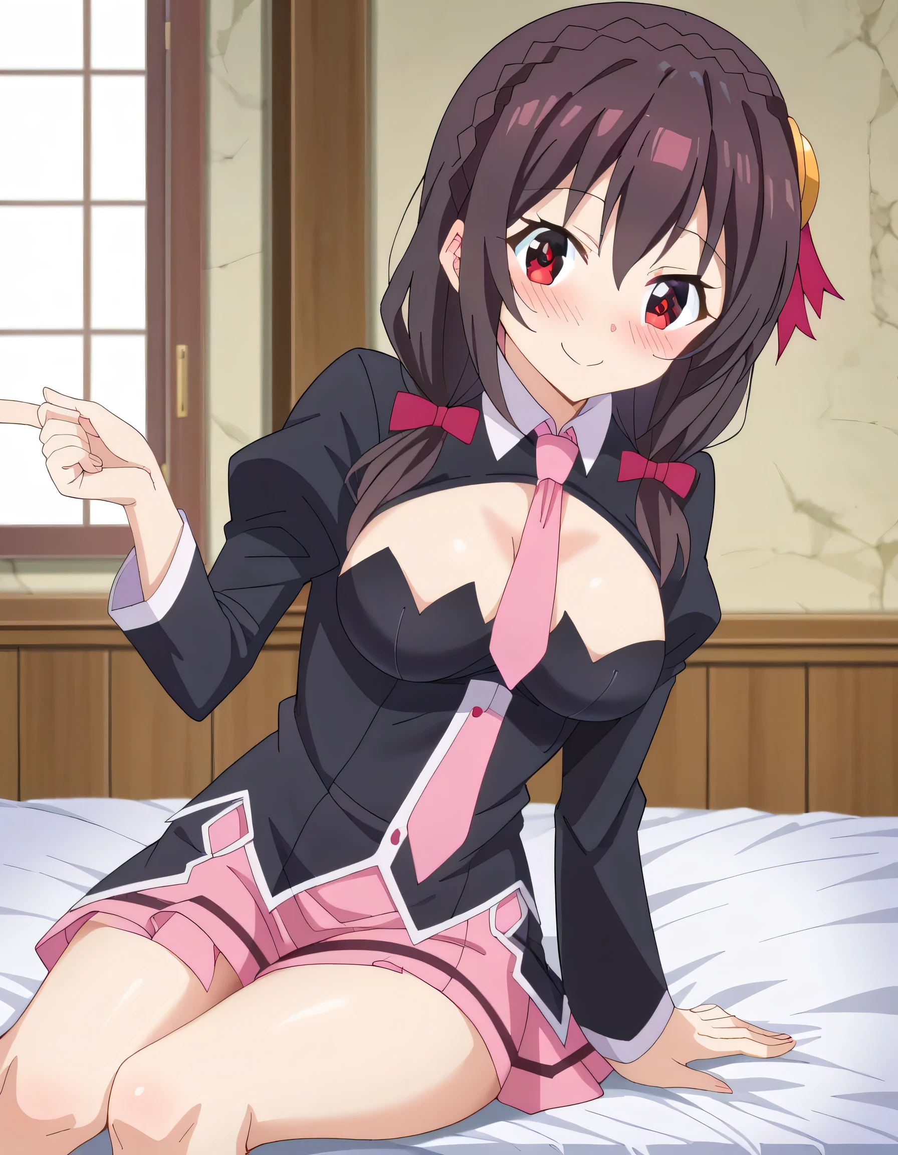 alone, One girl, Yunyun, (A happy smile:1.3)、(blush:1.3)、 View your viewers, Crown braids of the same color as your hair, Red Eyes、hair ornaments, Hair Ribbon, Pink tie, Long sleeve, Pink Skirt, Knee socks, Cleavage,  (Sitting next to the viewer on the couch:1.2)