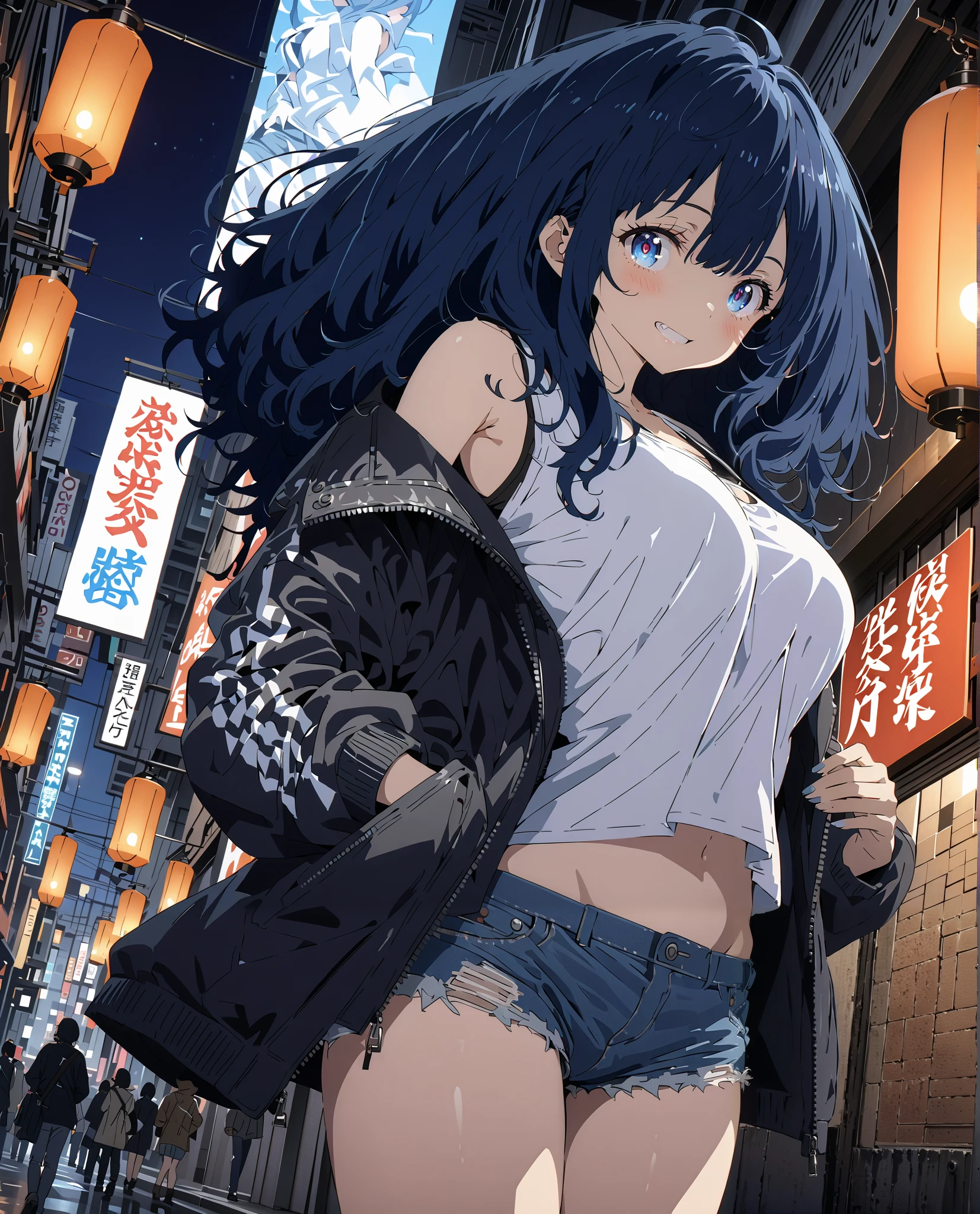 score_9, score_8_up, score_7_up, source_anime, Anayanami , medium hair,Alone, blue eyes, stupid hair, Lantern,Big Breasts, Riders Jacket,side boom,smile,blush, grin ,belly button sticking,tank top,denim micro shorts,I have my hands in my jacket pockets,Bare legs,boots,angle from below,Nōn,building,night,is standing,full bodyがillustration for both eyesに入るように,
break outdoors,City,
break looking at viewer,full body,
break (masterpiece:1.2), top quality, high resolution, Unity 8K Wallpaper , (illustration for both eyes:0.8), (beautiful detailed eyes every time I look to the side:1.6), very detailed face, perfect lighting, extremely detailed CG, full body写真,(PERFECT HAND, perfect anatomy),