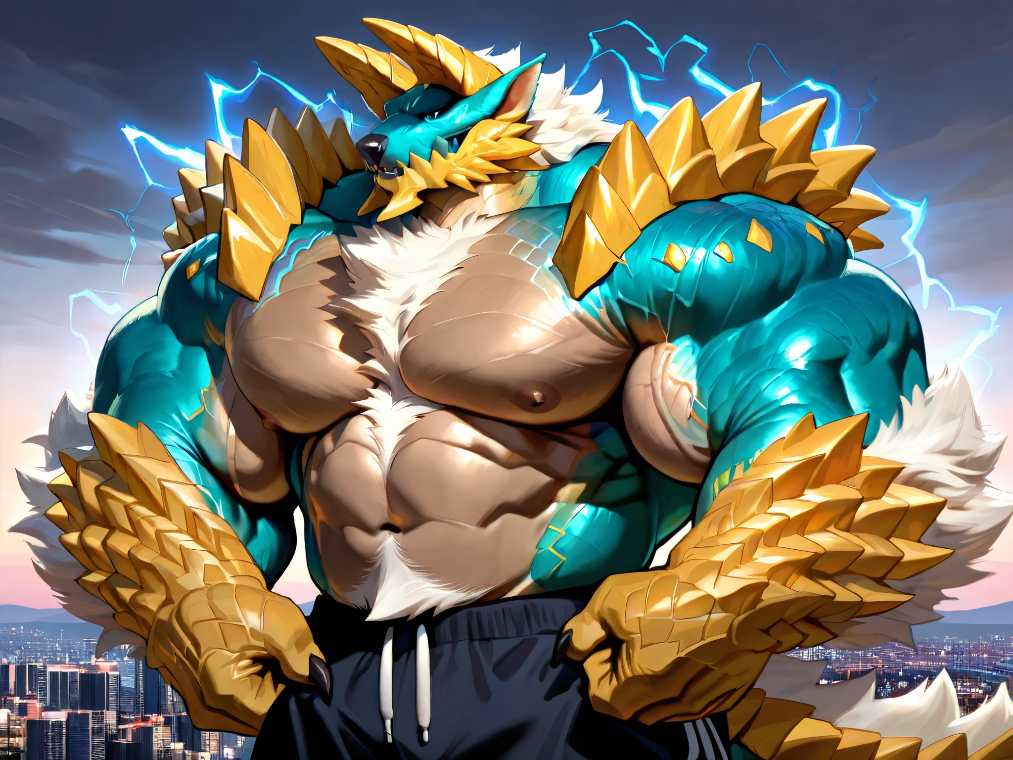 solo, massive muscular, zinogre, shirtless, very huge pectoral, shorts, city, thunder, detailed face, wide shoulder, thick arms, wide pectoral, muscle, short hair:1.2, masterpiece, semirealistic:1.2, high detailed, 8k, high resolution