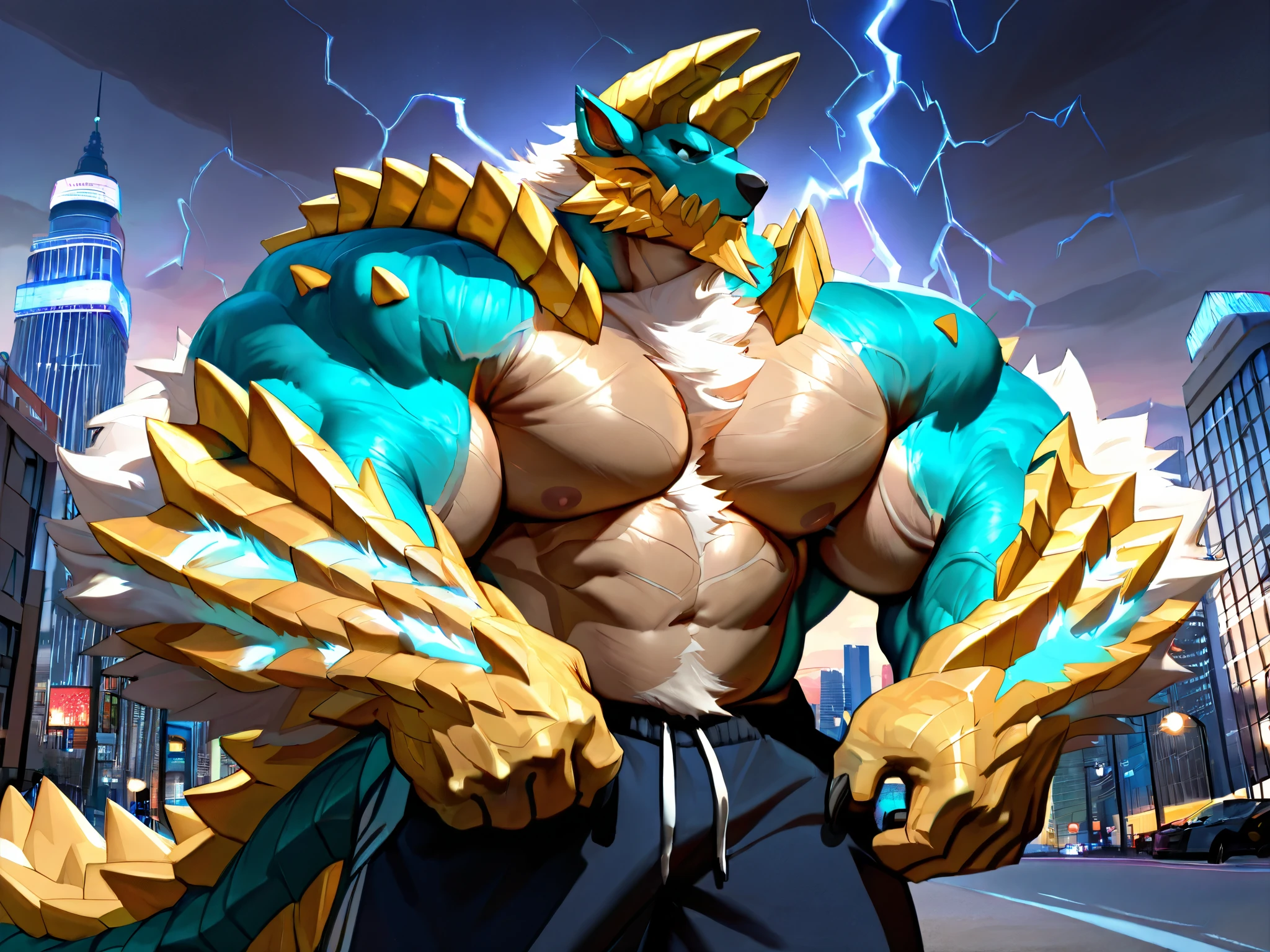 solo, massive muscular, zinogre, shirtless, very huge pectoral, shorts, city, thunder, detailed face, wide shoulder, thick arms, wide pectoral, muscle, short hair:1.2, masterpiece, semirealistic:1.2, high detailed, 8k, high resolution