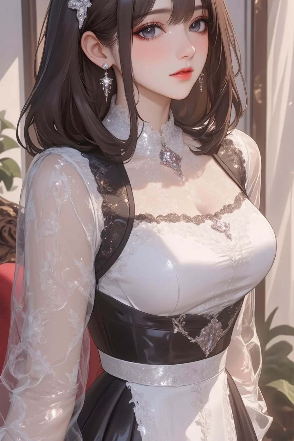 Portrait of a young 20-year-old saint hentai, a slut, prostitute saint with a beautiful and super cute face,wearing a very thin and sexy ao dai, beautiful cute face, open legs, see through dress( tranpsaren dress), see through vagina, Ao dai with a deep slit, cityscape, dim light), (blurred background), beautiful earrings, bracelets, necklace, pantyhose, clear eyes, front shot, (pale skin), (big eyes), face forward, (full body shot), (brown hairs), open navel, (looking at viewer:1.3) very slim, large breasts, tight tits, beautiful buffed butts, ((naked)), ((sleeping gown)), see through gown,((see through pussy)) zoomed pussy)), juicy vagina, (transparent red color gown),(sleeping gown), ((camel toe)), ((laced stockings)), (high heels), veranda, (fronts shot), juicy pussy