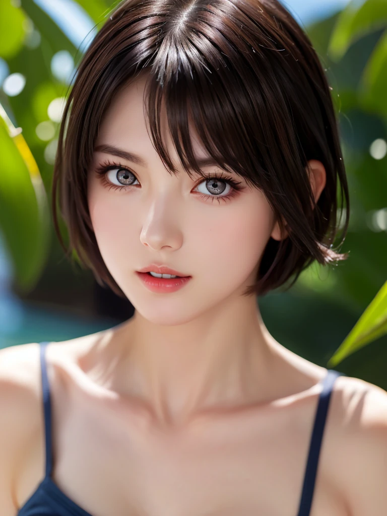 Photorealistic、highest quality、Highest quality、masterpiece、Ultra-high resolution、Raw photo、Realistic、Bright lighting、Face Light、Smooth Professional Lighting、Looking at the camera、alone、Adult women、Beautiful woman、Super Beauty、Realistic肌、Moisturized Skin、Realistic eyes and faces、完璧なmodel体型、Beautiful Eyes、Big eyes、Inconspicuous tear bags、slim、Big Breasts、No bra、No makeup、Beautiful fingers、Very short hair、Dark black hair、dark black eyes、looks fun、(Both ears are hidden in the hair)、(((actress、model)))、Drama filming、CM shooting