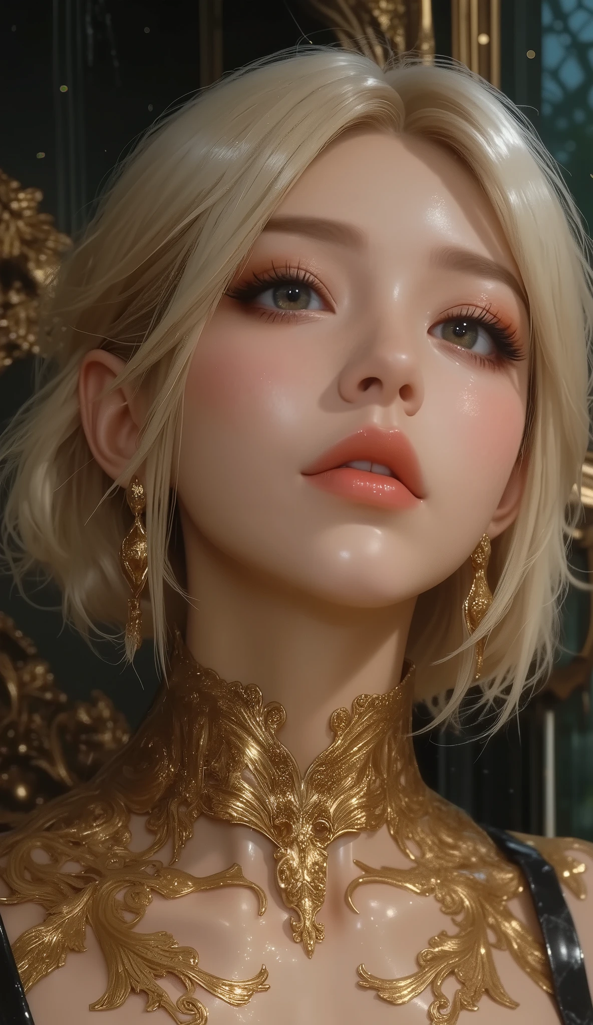in the rain、 Gold Tattoos for Girls with Gold Earrings, In the style of V ray tracing, then Martin , Famous, Poured, close-up, Dark white and gold, speed painting, masterpiece, best quality,