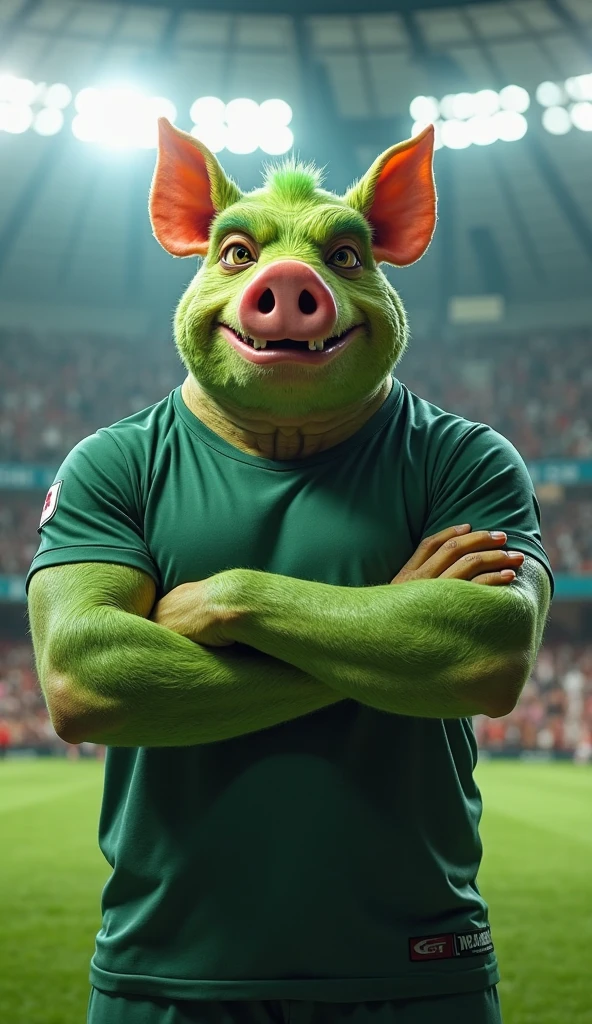 A muscular pig, with a defined gym belly, puffed out chest and no shirt, green tattoos, crossing his arms above his head and pointing the middle finger of both hands, inside a soccer stadium