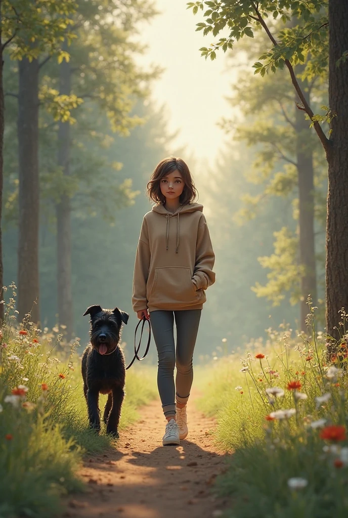 Girl in a hoodie goes for a walk in the forest at a clearing with a black schnauzer mix