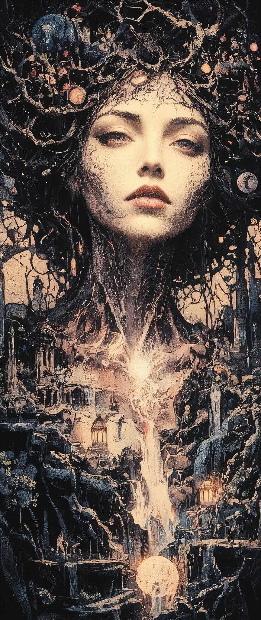 A dense portrait of a woman whose forms are an extension of an unknown planet, her skin resembles weathered stone and bluish haze in texture, with deep luminous cracks along her collarbones and neck, emitting a soft lilac light. Streaks of molten cyber-electric plasma glow faintly beneath the surface. Her eyes, the color of an on-screen monitor, twinkle with cosmic pixels, deep cable channels of bright neon colors are laid along her cheekbones and chin, they sparkle and are softly illuminated. Tiny glowing bioluminescent fungi accumulate at the base of her throat. Her hair consists of intertwined alien plants, tangled roots and blooming fantastic flowers intertwined with fallen leaves and delicate petals. As they fall down, they transform into a dense, sprawling forest covering her shoulders, where miniature galaxies nestle among the branches on the treetops. Small lanterns are hung between the trees, casting a soft golden glow. Her shoulders and collarbones form a hilly area through which small waterfalls descend, creating a mist that gently dissipates in the air. Transparent rivers cut through the terrain, their surface reflecting the cold moonlight. Tiny stone bridges span winding streams. On the slopes of her shoulders rest ancient stone ruins, partially covered with ivy. The background is slightly blurred