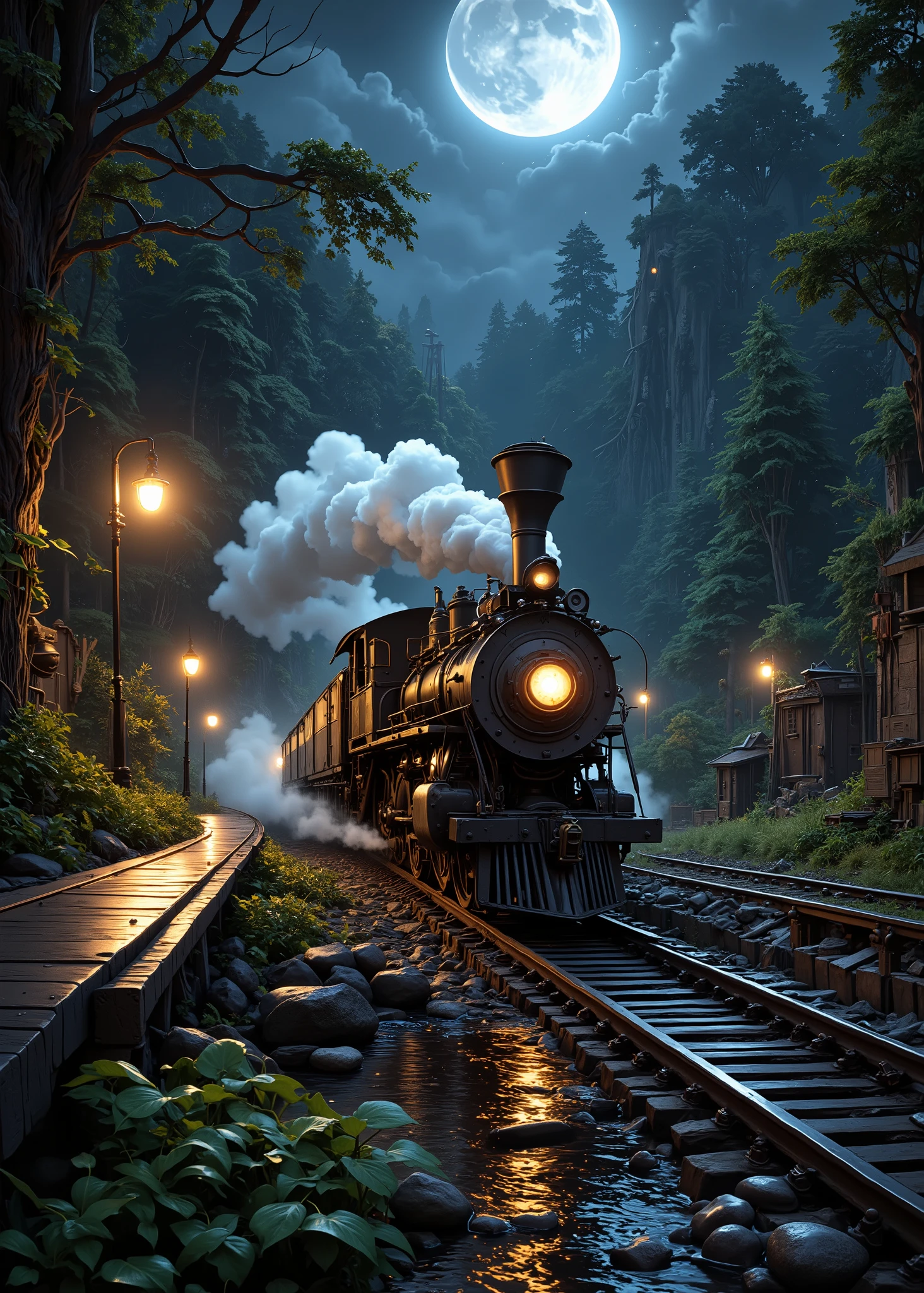 An upshot of a steam locomotive、An old locomotive from early 1900 is running on a railway line in the woods、white steam coming out of the chimney and wheels、gently curved track、streetlights continue at equal intervals on the side road、full moon night