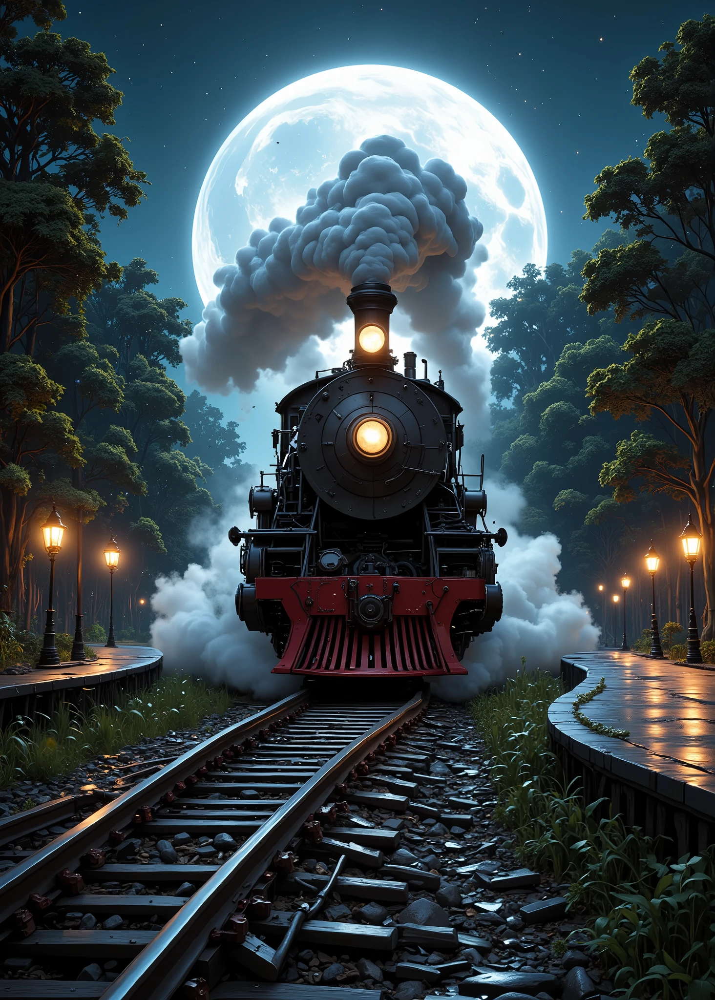 An upshot of a steam locomotive、An old locomotive from early 1900 is running on a railway line in the woods、white steam coming out of the chimney and wheels、gently curved track、streetlights continue at equal intervals on the side road、full moon night