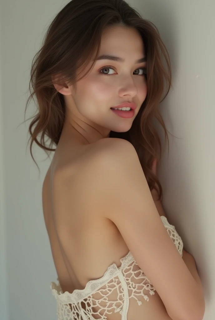 Age 35、Female Brown Hair 、cute 、Japanese 、Photo from the waist up Like taking a selfie Medium Hair In her underwear, her butt is sticking out