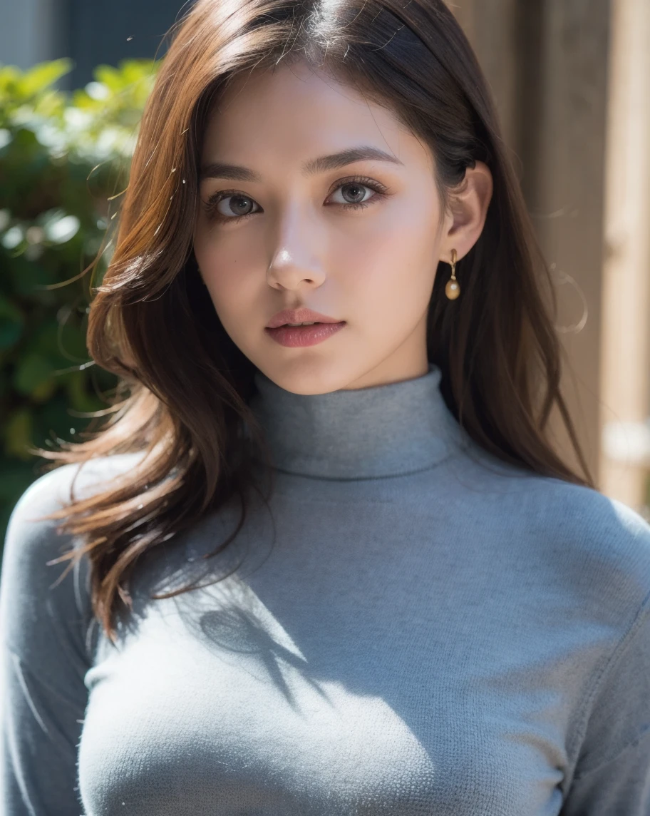 ((highest quality、8K、masterpiece:1.3))、sharp focus:1.2、完璧なスタイルのbeautiful女性:1.4、slender abs:1.2、((light brown hair、huge boobs:1.6))、(Natural light、street tree:1.1)、Highly detailed face and skin texture、detailed eyes、Detailed double eyelids、beautifulおっぱい、big boobs、big breasts、beautiful body、beautiful、highly detailed hands、earrings、turtleneck、Skinny Denim、Wearing gray knitwear、Moe sleeves、