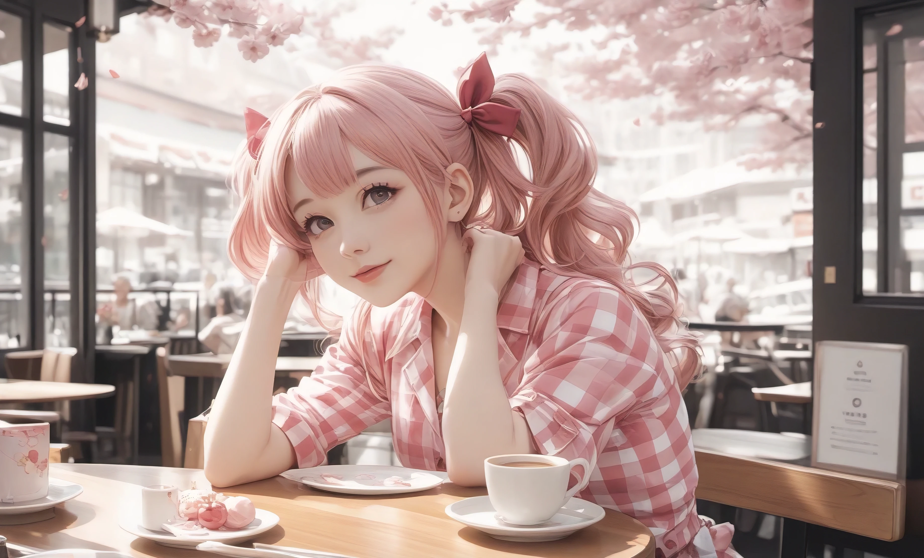 "I want to create an image of a cute girl in a pink European-style café, with an overall sakura (cherry blossom) color theme. She is wearing a checkered outfit that gives her an idol-like appearance."