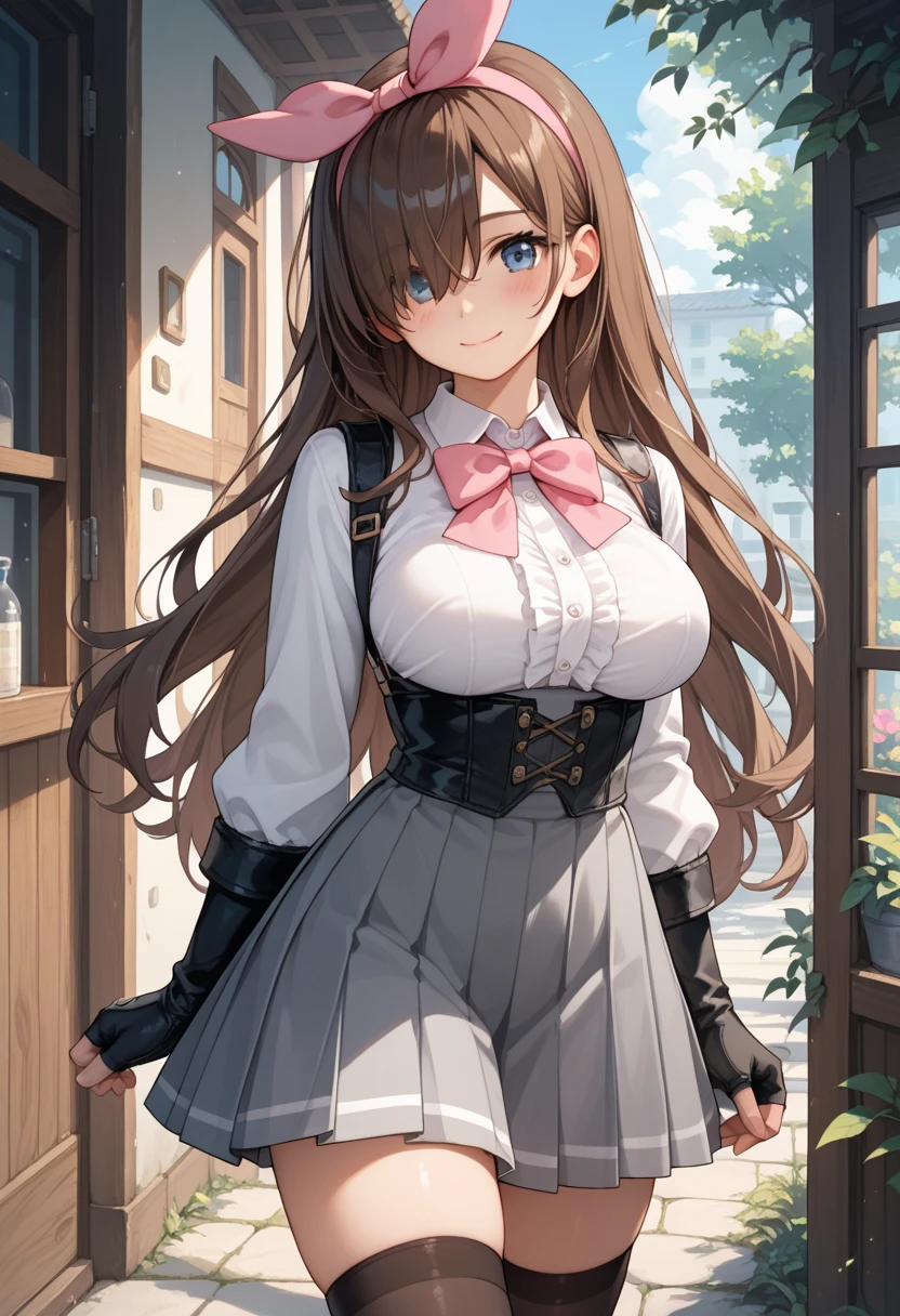 (masterpiece, top quality), intricate details, 8K, sharp focus, art station, wallpaper, official art, splash art, 1 girl, Nanashi unavoidable, shirt, green corset, cleavage cutout, medium breasts, black skirt, thigh single, cloak, ribbon, twin tails, cat ears, very long hair, brown hair, black adhesive plaster on the nose, hair clips, feathers, Belt, partially fingerless gloves, melancholy look, embarrassed expression, horse girl