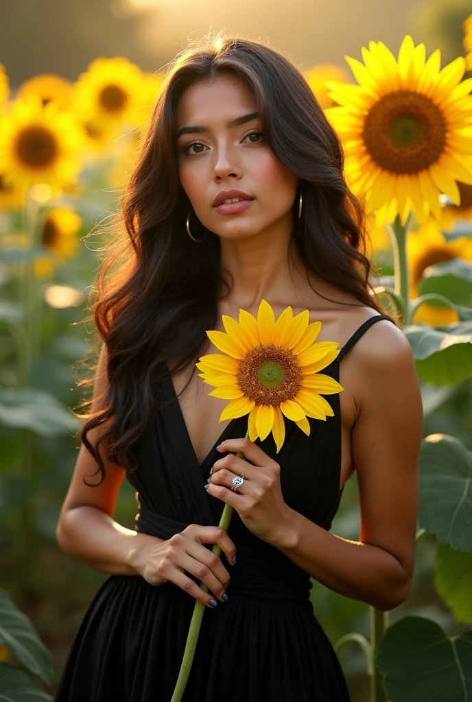 A young Latina girl showing off her jewelry earrings, rings, collar, in a field full of sunflowers flowers