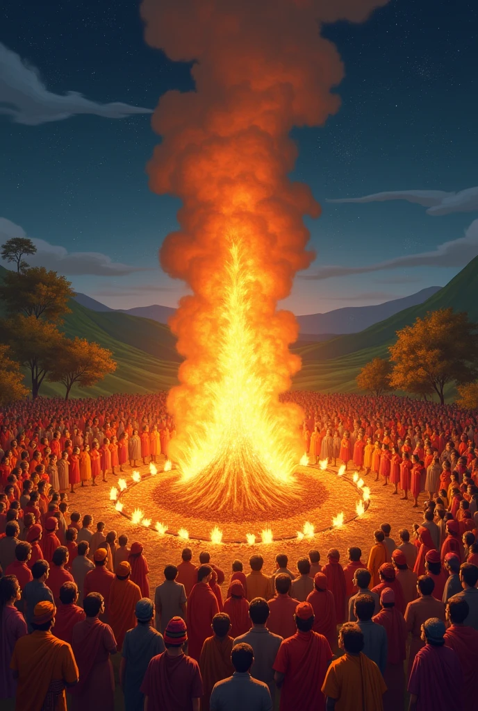 Group of indigenous and white men and women around the bonfire with their hands raised and thanking God for life with the glass bottom and the symbol of a mandala in the background with tobacco medicine, image ultra realistic, with children running in the background