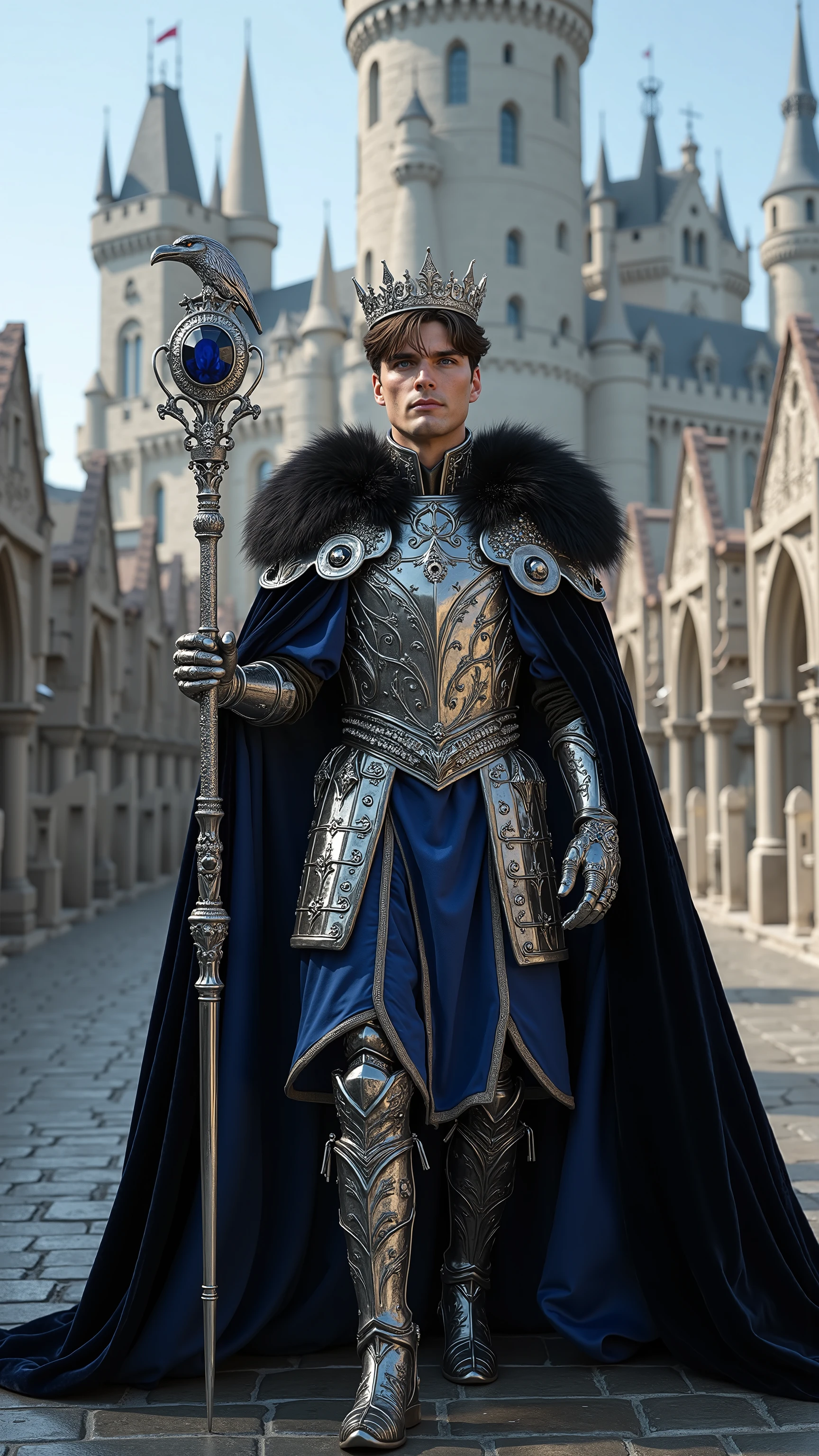 Cillian Murphy reimagined as a Medieval King walking and holding a silver scepter、dramatic atmosphere, 1 male、
Short, slicked-back dark brown hair, piercing ice-blue eyes. A tall, intricate silver crown adorned with sapphires and black diamonds rests upon his head.
He wears ultra-luxurious royal armor crafted from polished silver and deep midnight-blue metal, adorned with engravings of ravens, celestial constellations, and baroque filigree. His breastplate features a central crest of a crowned raven, inlaid with black onyx and sapphire gemstones. The pauldrons are sculpted in the shape of sweeping raven wings, edged with platinum and adorned with small diamond inlays. Draped over his shoulders is a thick, black fox-fur collar, fastened by two silver clasps in the shape of intertwined swords. A deep midnight-blue velvet cloak, embroidered with silver arcane symbols and encrusted with tiny sapphires, cascades behind him. His gauntlets and boots are detailed with gothic arches and sharp silver embellishments, set with black diamonds along the seams.
In one hand, he holds an ornate silver scepter, its shaft wrapped in delicate, swirling engravings of night skies and gothic towers. The top of the scepter is crowned with a large, polished sapphire encased in elaborate silver metalwork, surrounded by smaller black diamonds and deep blue topaz inlays.
, shows his male character's full figure, athletic body, perfect face, full body, extremely beautiful, god, male shape, perfect anatomy, The background features a towering medieval castle built from white grey stone, surrounded by high walls with silver banners flowing in the wind. Gothic spires rise into a blue sky. The castle courtyard is paved with polished black stone, sunny day, photorealistic, masterpiece, realistic, high contrast, 8k, HD, high definition detailed, detailed, hyper detailed, realistic skin texture, best quality, ultra high resolution, hyper realistic, no text, very detailed eyes, dramatic lighting
