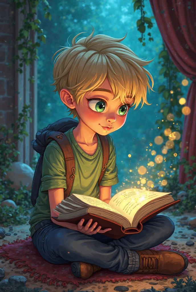 a drawing of a little boy sitting on a table with a book, inspired by Tony DiTerlizzi, by Tony DiTerlizzi, inspired by Anton Pieck, inspired by William Stout, storybook art, the librarian, tony diterlizzi and brian froud, detailed book illustration, exlibris, brian froud style, fantasy book illustration