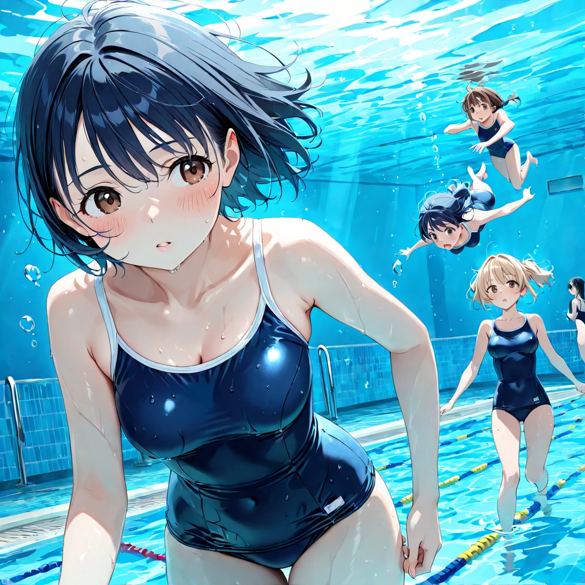 ((Highest quality)), ((masterpiece)), (detailed), （Perfect Face）、The woman is Aoki Reika, with medium-long hair, a swimming nose clip, and makeup for synchronized swimming.、The woman is wearing a gorgeous and glamorous synchronized swimming costume and is doing synchronized swimming.