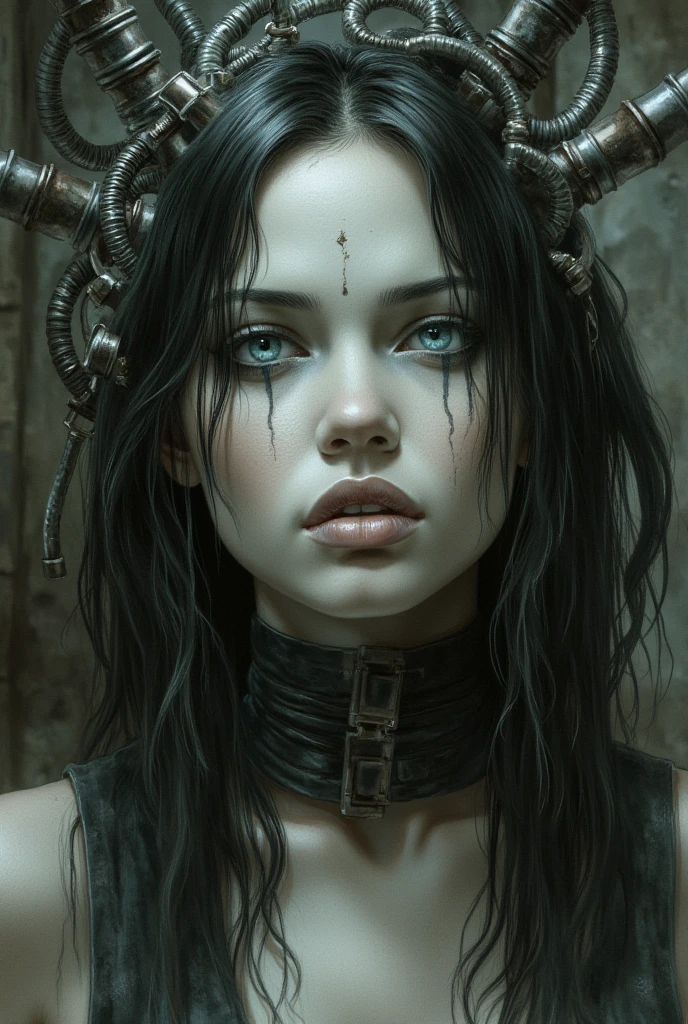 designed by greg manchess,smoke, girlï¼long hairï¼Skeletons, electronic demons, cyberpunk, characters, future space, aurora, complex designs, very, trending on art station, photoreal, 8 k, octane render by greg rutkowski, art by Carne Griffiths and Wadim Kashin ,in the style of Dau-al-Set, Pollock, and inspired by MAPPA and Zdzislaw Beksinski,