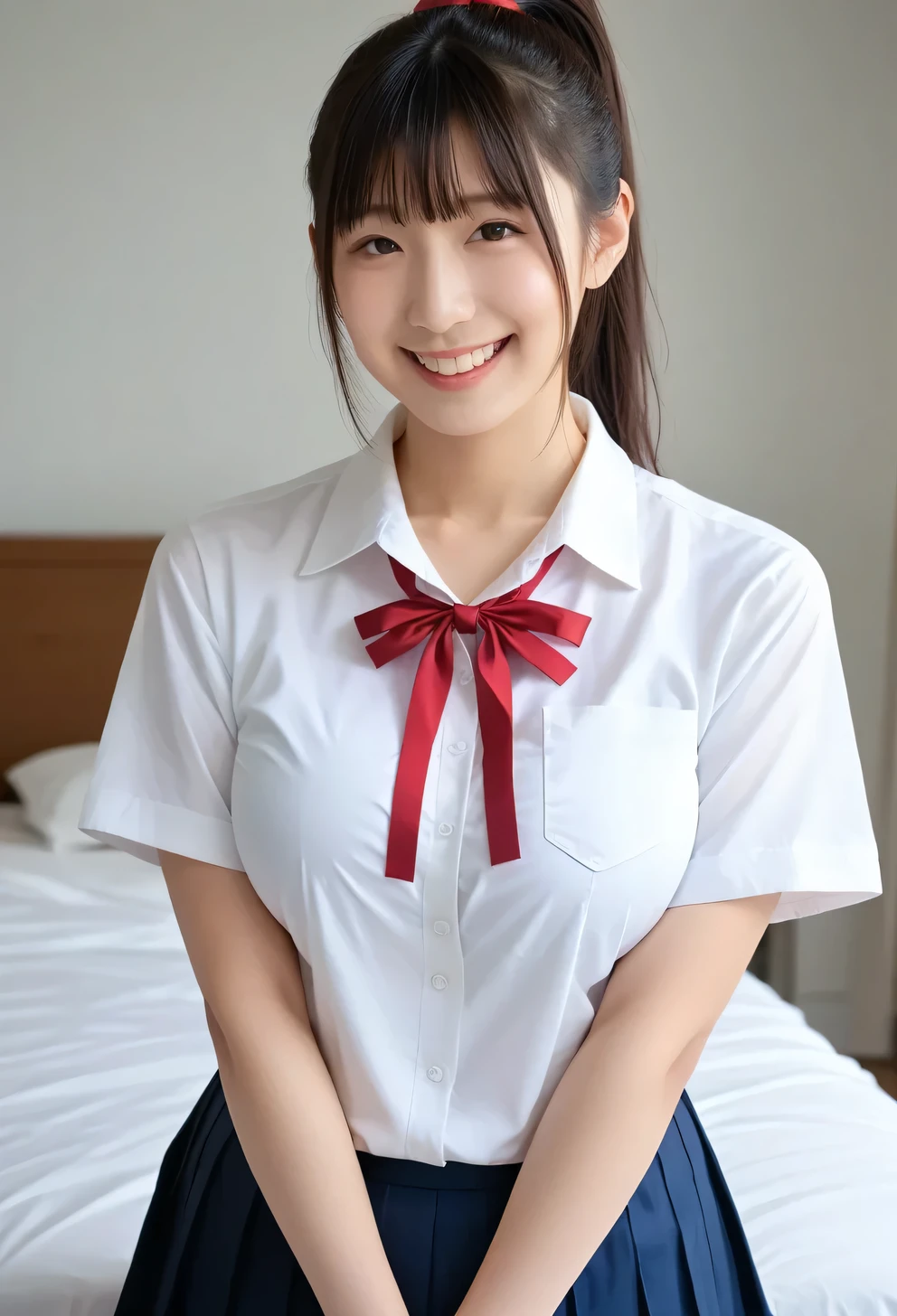 Genuine, nsfw, High Res Images , masterpiece, top quality , high quality , Very Detailed, More Information, sharp details, sharp concentration, professional lighting , alone, 1 girl, Young Japanese Women with Butts, max per body, ((dark brown hair,high ponytail)), (( sunburned skin :1.1)),active, boyish woman , glamour, Bitch,small head, Xiaoyan,beautiful detailed face, ((shy,happy smile)), ((white shirt,red ribbon,school uniform)), ((Big Breasts:1.4)), front view, Viewer, PERFECT HAND, perfect anatomy,((standing in front of bed))