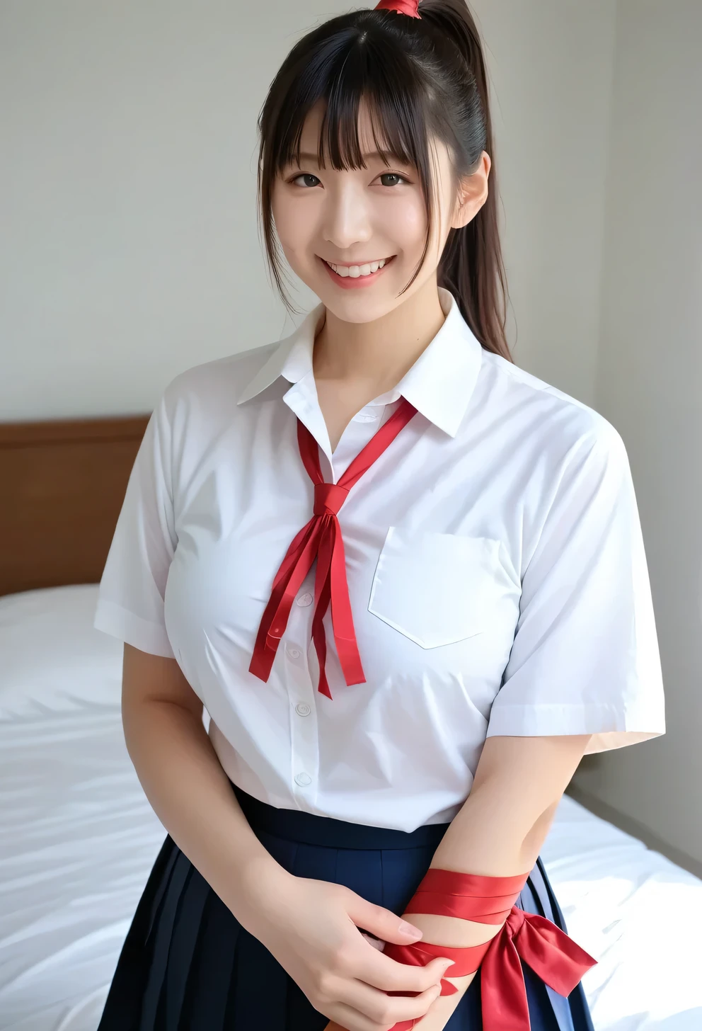 Genuine, nsfw, High Res Images , masterpiece, top quality , high quality , Very Detailed, More Information, sharp details, sharp concentration, professional lighting , alone, 1 girl, Young Japanese Women with Butts, max per body, ((dark brown hair,high ponytail)), (( sunburned skin :1.1)),active, boyish woman , glamour, Bitch,small head, Xiaoyan,beautiful detailed face, ((happy smile)), ((white shirt,red ribbon,school uniform)), ((Big Breasts:1.4)), front view, Viewer, PERFECT HAND, PERFECT ANATOMY,((standing in front of bed))