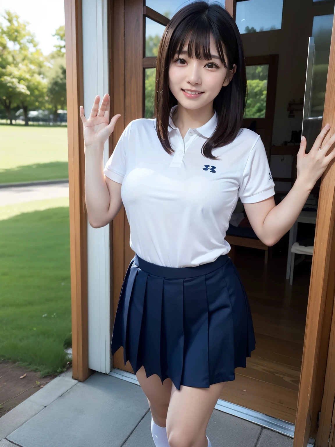 masterpiece, Highest quality, figure, Very detailed, The finer details, High resolution, 8k,wallpaper, Perfect dynamic composition,(Detailed high quality, Realistic depiction of eyes:1.3), Tight-fitting golf wear with buttons on the collar and chest, Tight golf skirt, Seraphim, Short Bob Hair, The background is an empty golf course, Deep in the field, Large Breasts, Black hair color, Big Natural Color Lip, (Perfect figure), (smile)、Harajuku Style、Elementary school girl in Japan:1.3), Adorable expression、Expressions of happiness、10 years old、height: 145cm、Baby Face、Amazingly cute、Cute type、Beautiful feet, Idol Sculpture、(Big Breasts)、(Erect nipples:1.1),