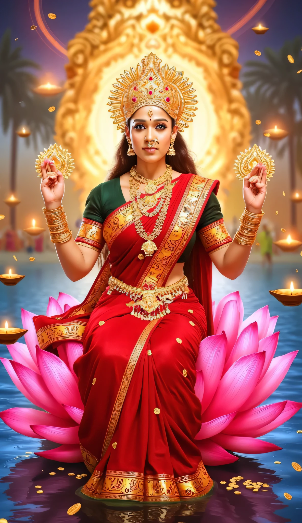 A divine portrayal of Goddess Lakshmi, envisioned as South Indian actress Nayanthara, seated gracefully on a blooming pink lotus. She wears a magnificent red and gold saree, with shimmering golden jewelry and a radiant crown. She holds lotus flowers in both upper hands, while her lower hands bless devotees and shower gold coins into a river. The background features a glowing temple surrounded by floating oil lamps (Diyas) and celestial energy, symbolizing wealth, prosperity, and blessings.